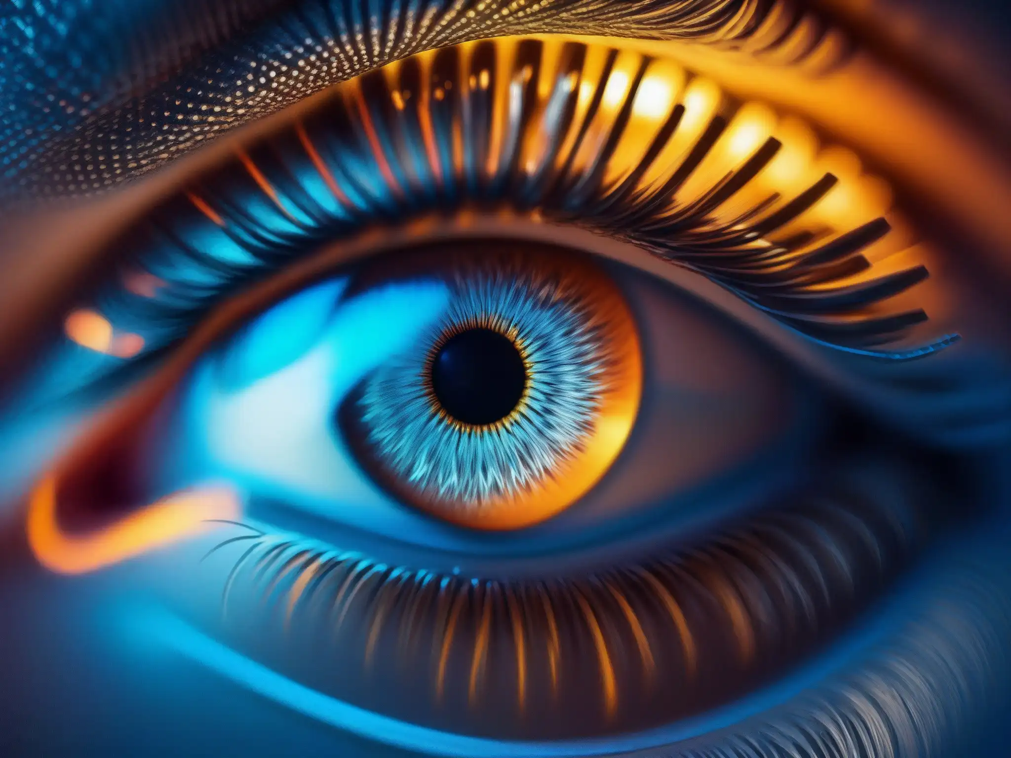 Ojo humano conectado en detalle: seguridad digital Un ojo humano detallado rodeado de patrones digitales futuristas, reflejando la seguridad multifactor en videoconferencias