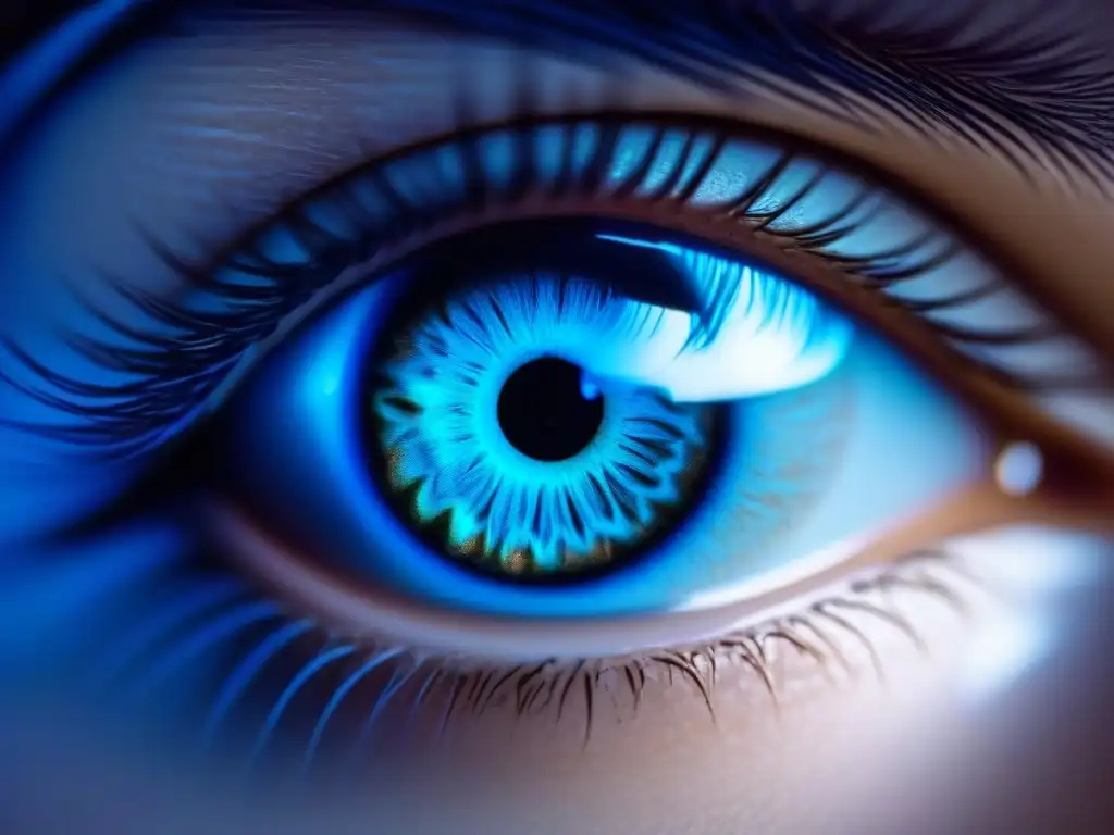 Escaneo biométrico ocular de alta tecnología Un ojo iluminado por una suave luz azul, con patrones intrincados en el iris