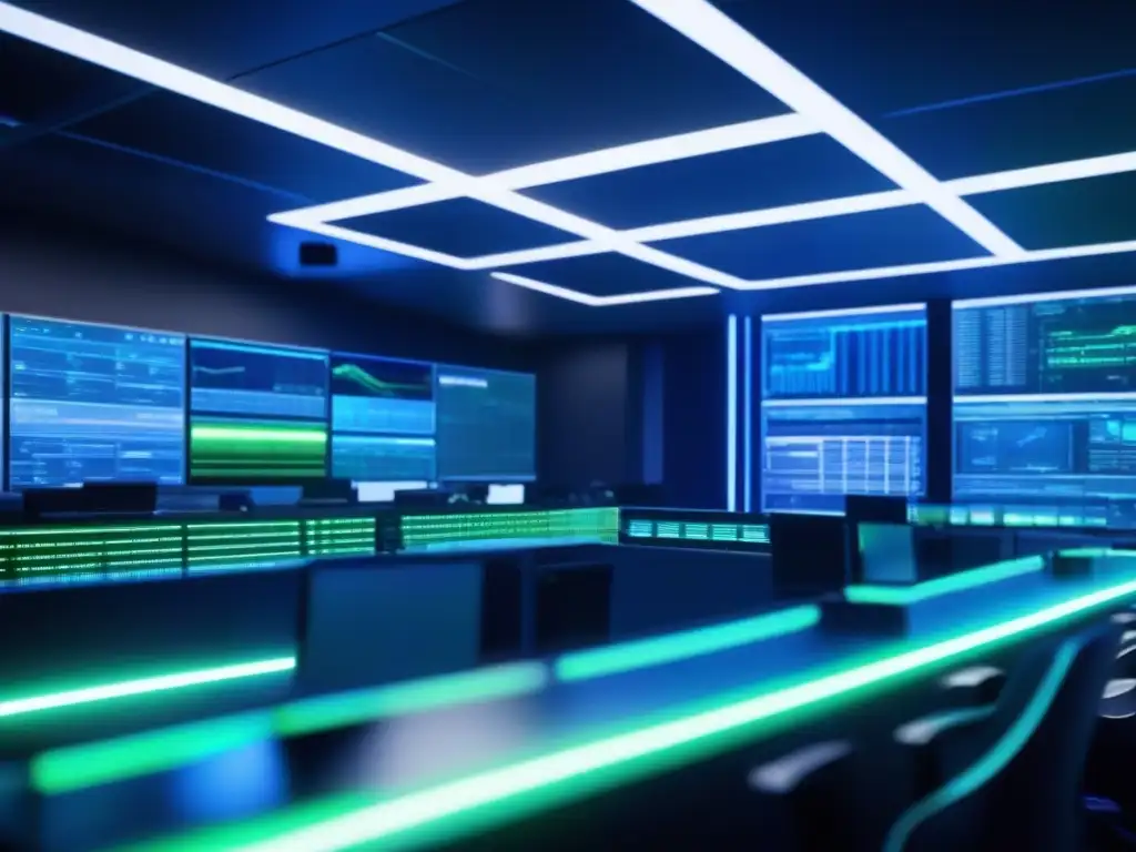 Centro de Operaciones de Red de Alta Tecnología: Detalles Ultra 8K Operaciones de red futuristas con servidores avanzados y luces LED azules y verdes