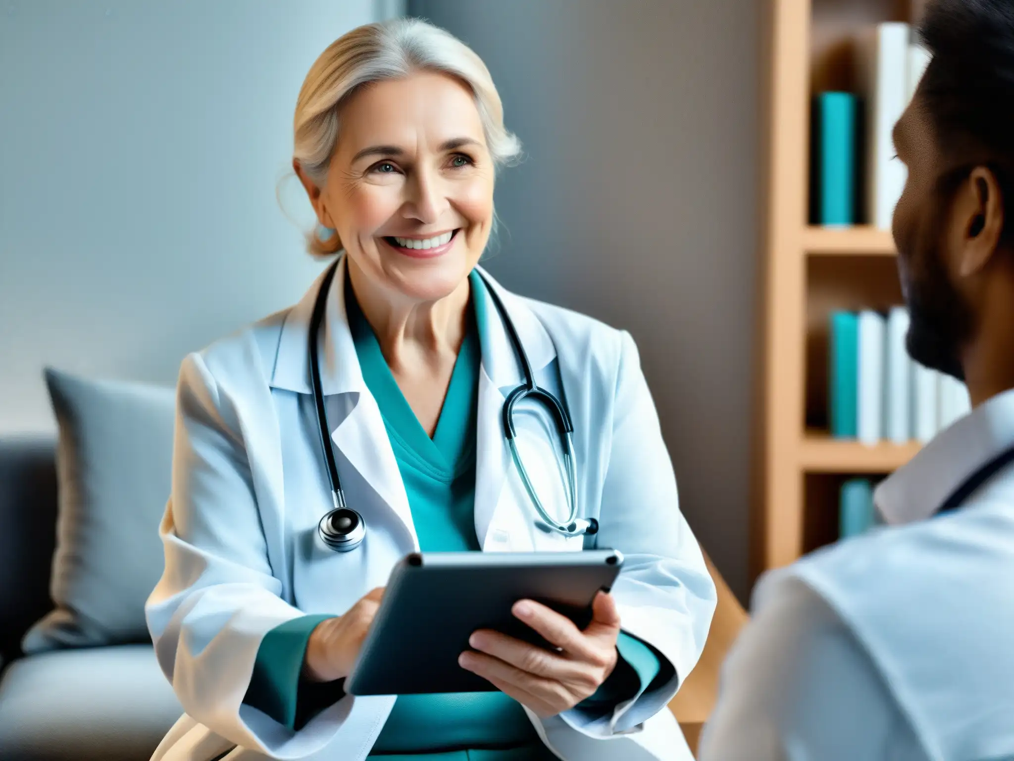Consulta médica remota: Conexión cálida y profesional Un paciente mayor sonríe mientras tiene una videoconsulta médica en un acogedor salón, mostrando la tecnología de videoconferencia para consultas médicas