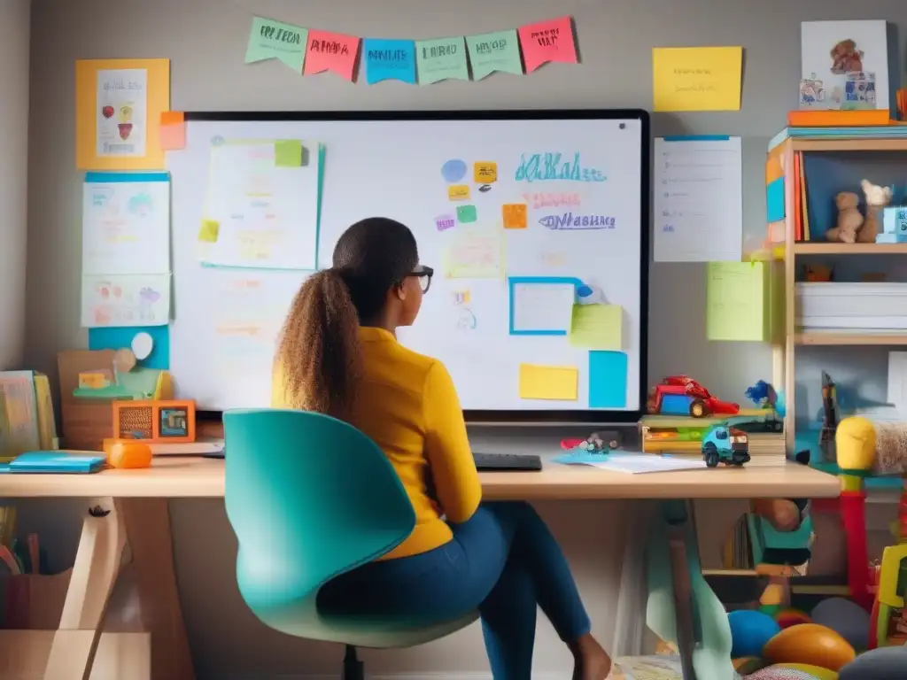 Teletrabajo con niños: Retos y Realidades Padre en videoconferencia desde caótica oficina en casa, rodeado de juguetes y dibujos infantiles, reflejando el teletrabajo con niños