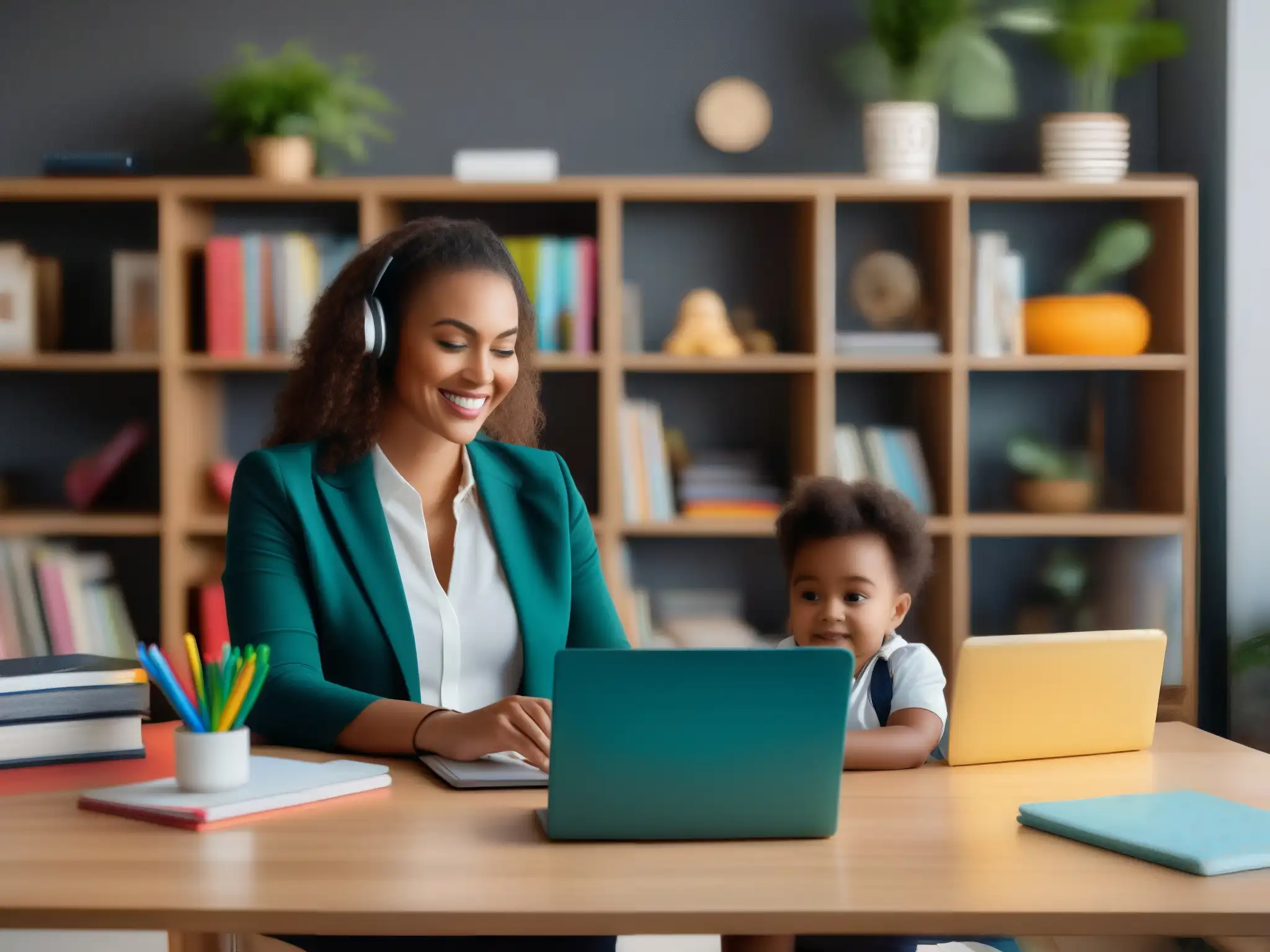 Oficina en casa moderna con niños educados Padre en videoconferencia en moderna oficina en casa, mientras niños juegan