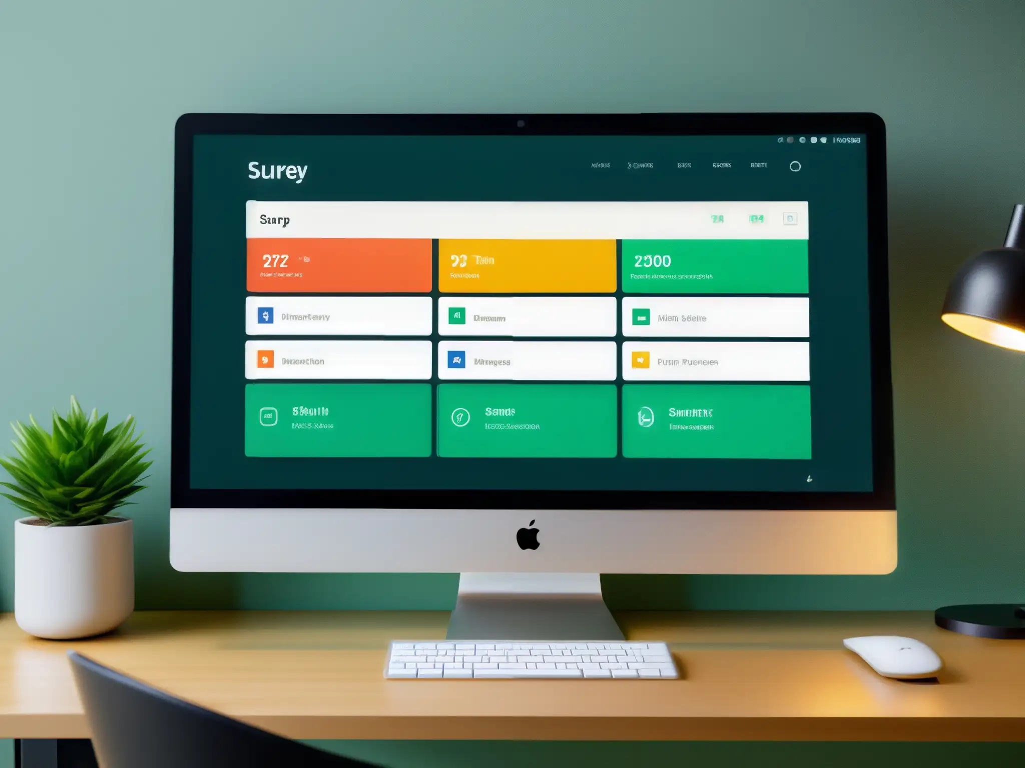 Dashboard moderno para encuestas: eficiente y profesional Panel de automatización de encuestas post videoconferencia en pantalla, en un entorno de oficina moderno y profesional