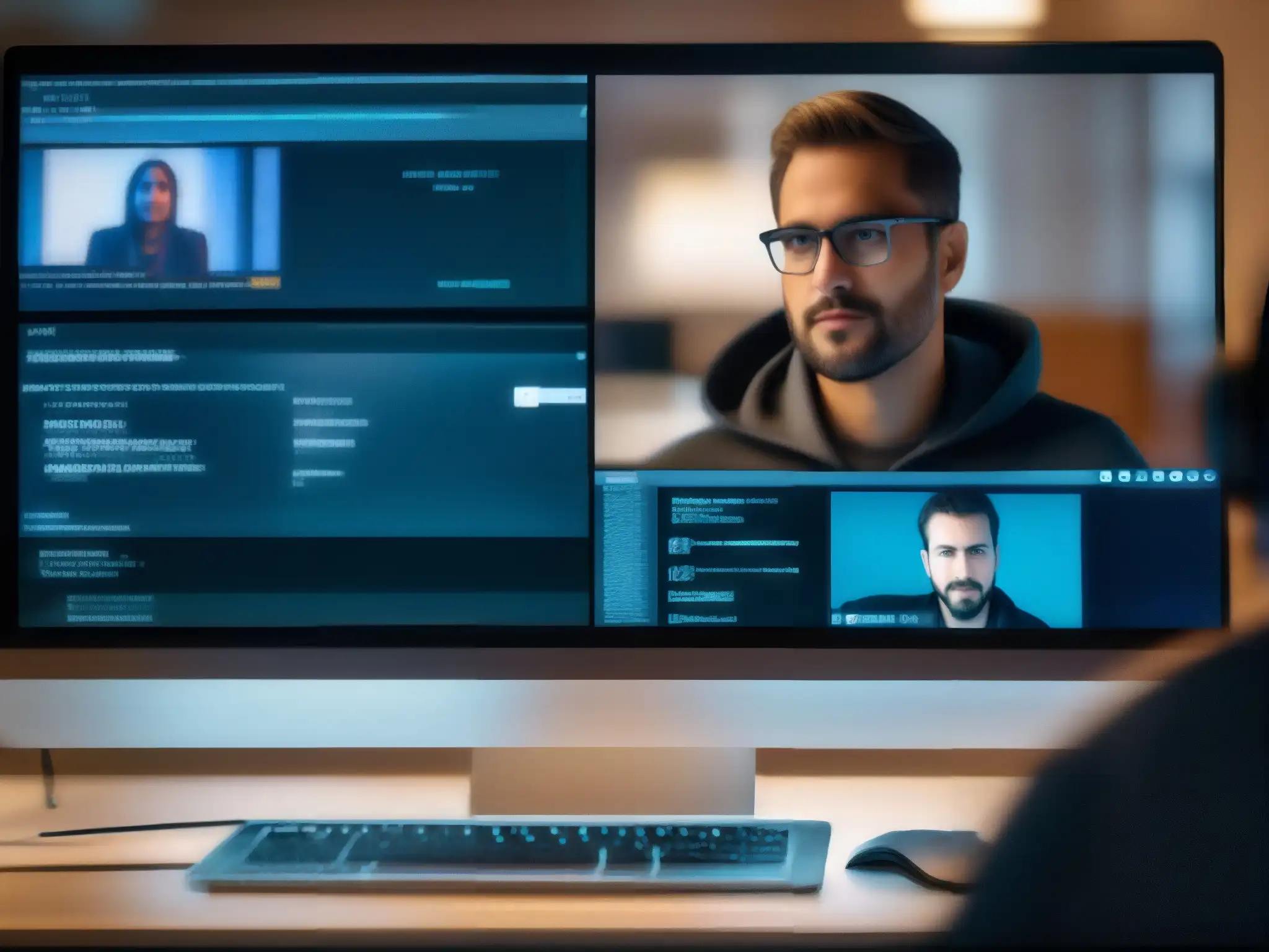 Conferencia de Seguridad vs En la pantalla de la computadora se muestra una videoconferencia dividida entre un profesional y un hacker, generando tensión
