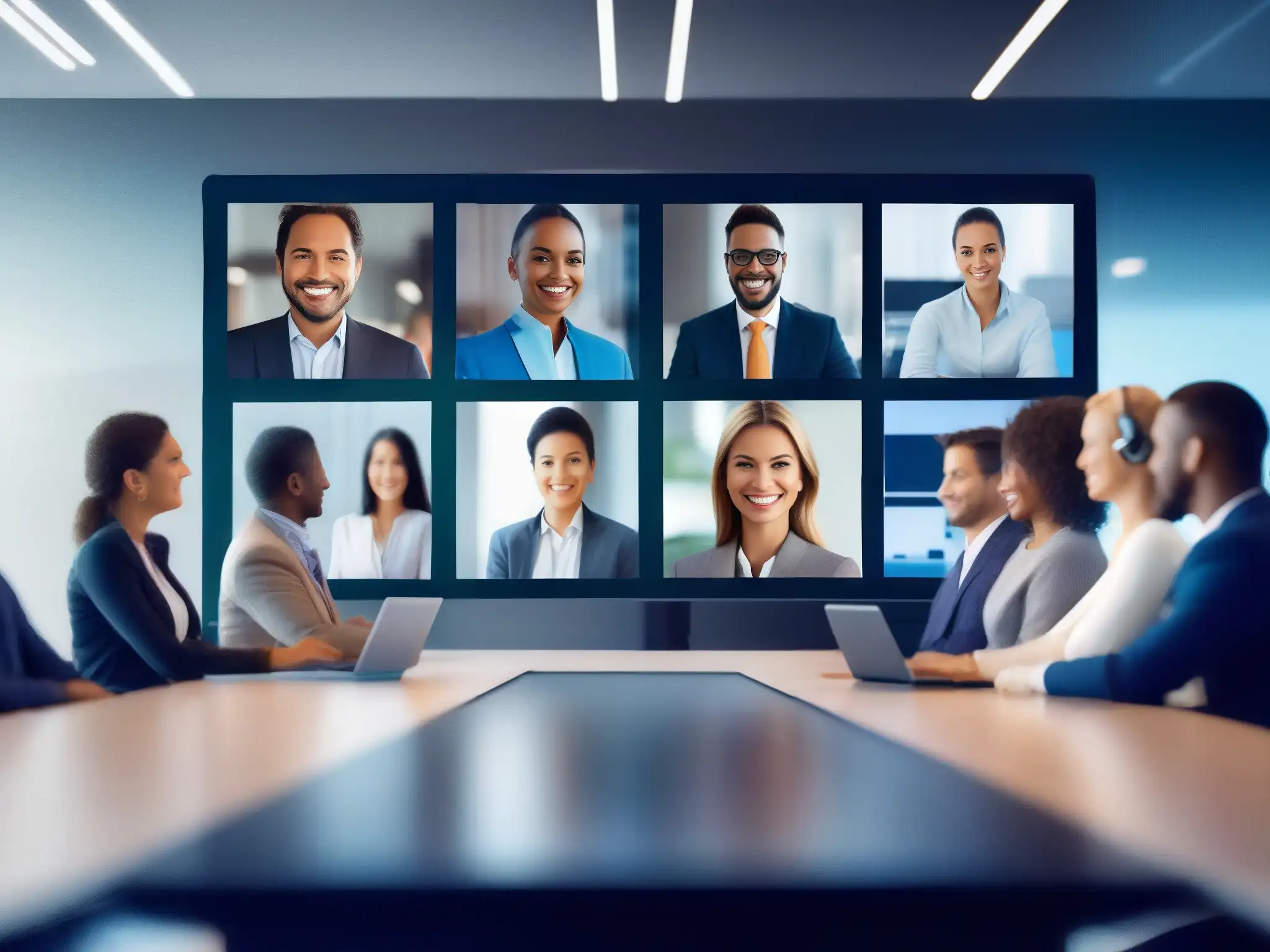 Videoconferencia futurista con encriptación avanzada Una pantalla futurista de videoconferencias con cifrado extremo a extremo, mostrando una reunión virtual profesional y segura