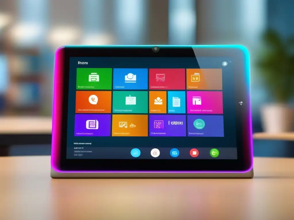Aula virtual interactiva: pantalla de tablet con ambiente acogedor En la pantalla de la tableta se muestra un aula virtual colorida y atractiva, con consejos para la gestión eficiente del tiempo en aulas virtuales