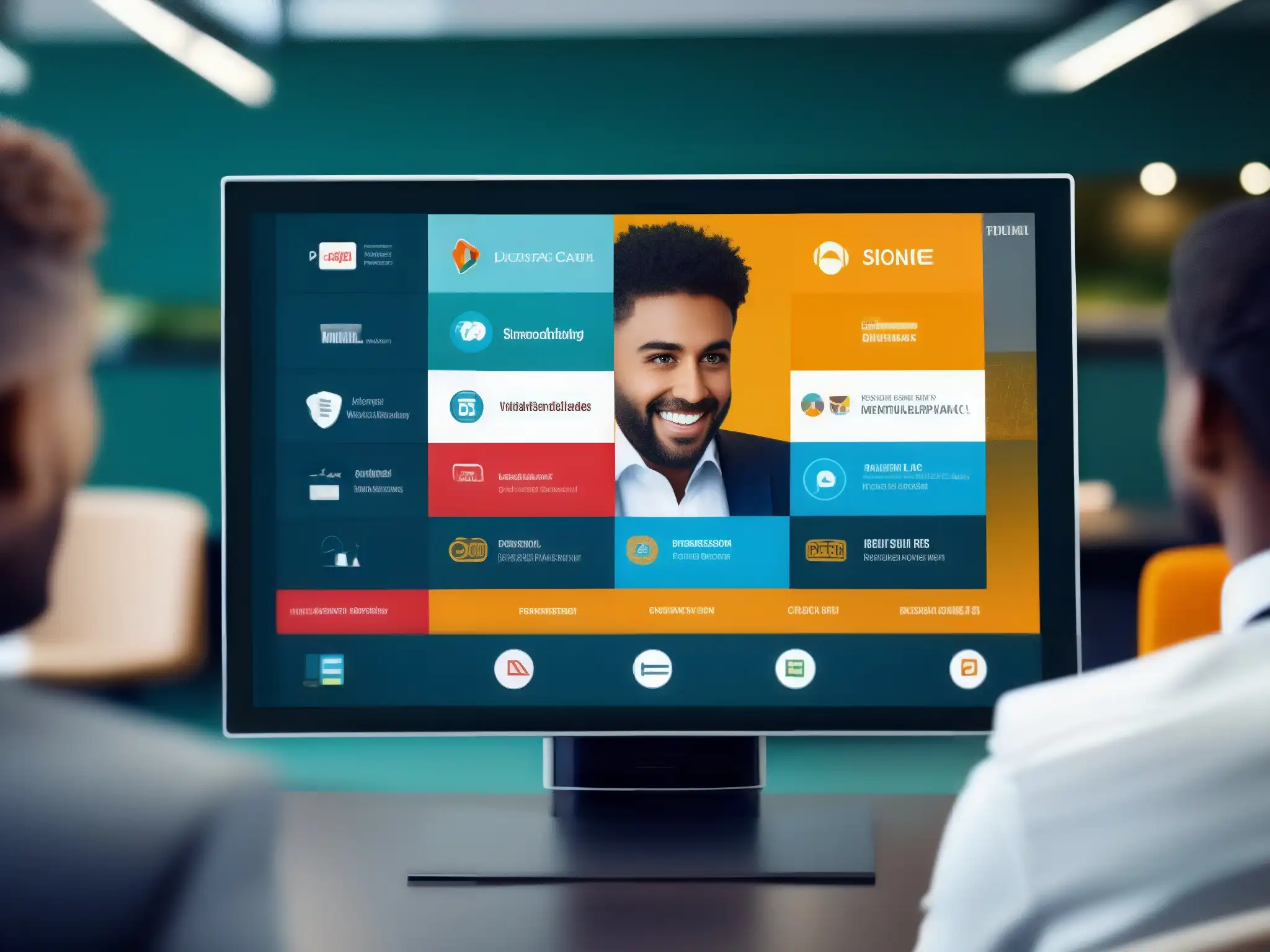 Interfaz de videoconferencia personalizable para branding corporativo Una pantalla de videoconferencia con opciones de personalización para marcas corporativas