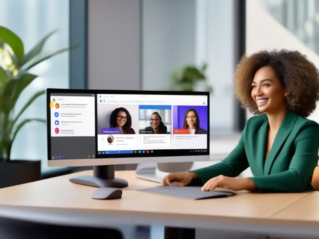 Escenas de videoconferencia profesionales Tres pantallas de computadora muestran Zoom, Microsoft Teams y Google Meet en un ambiente profesional y acogedor