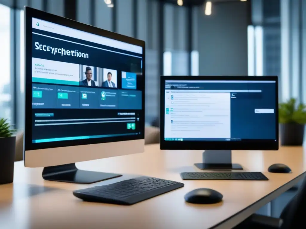 Comparativa de plataformas de videoconferencia: seguridad y encriptación Dos pantallas de computadora muestran interfaces de plataformas de videoconferencia con detalles de encriptación y seguridad