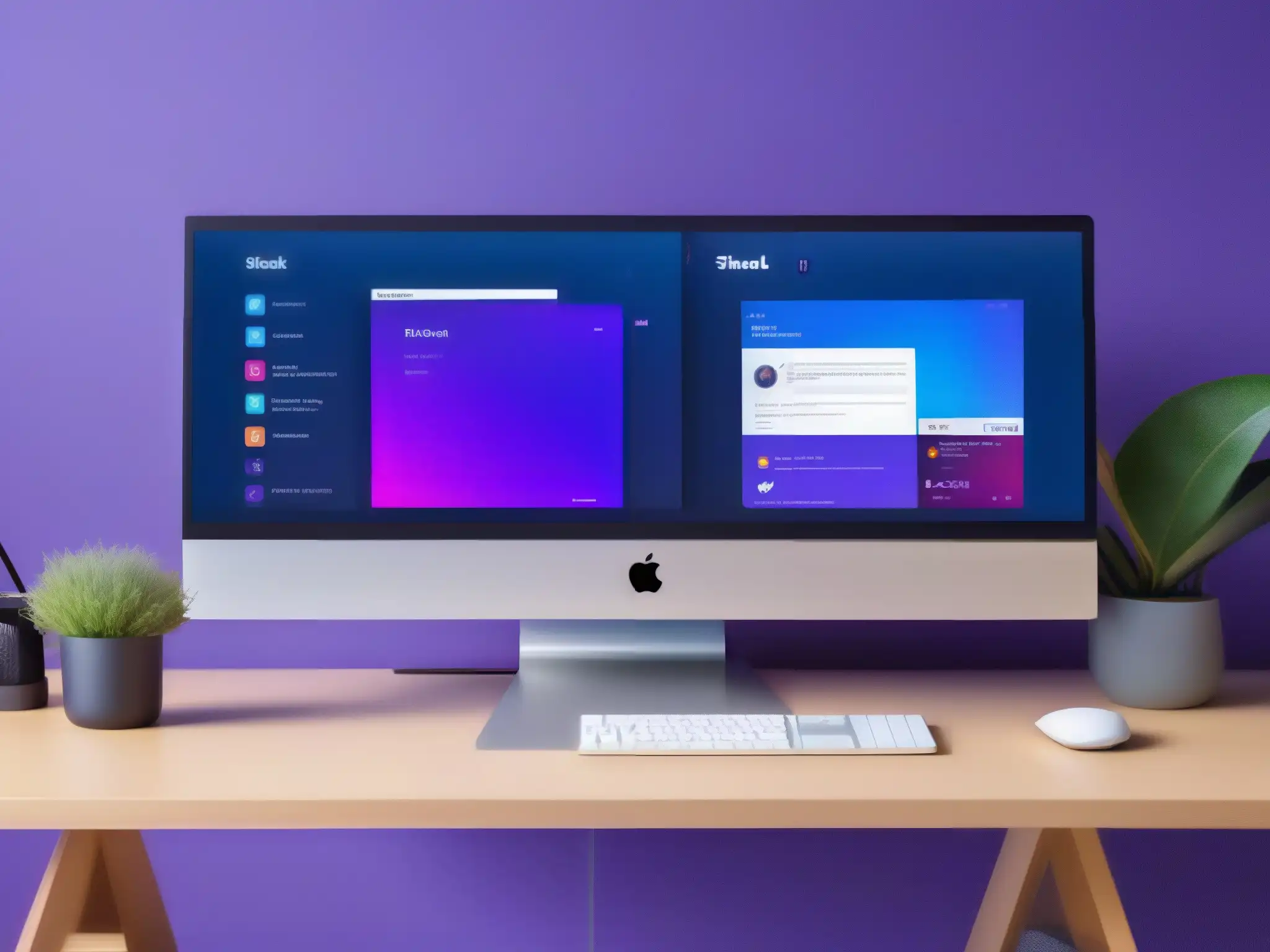 Espacios de trabajo modernos: Discord y Slack lado a lado Dos pantallas de ordenador muestran Discord y Slack, en un entorno de oficina moderno
