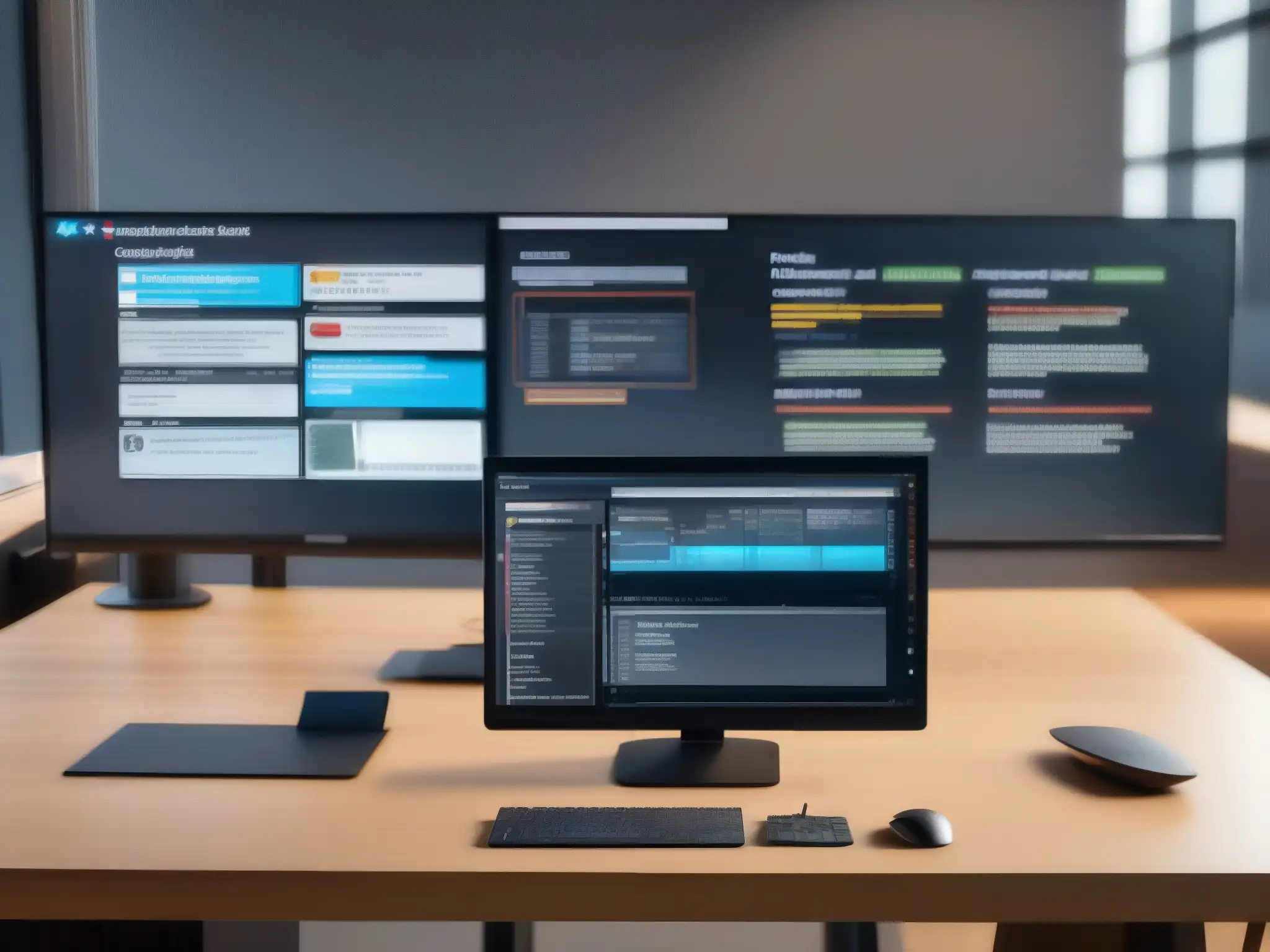 Comparativa profesional: Blackboard, Canvas y Zoom en 8k Tres pantallas de ordenador muestran las interfaces de Blackboard, Canvas y Zoom