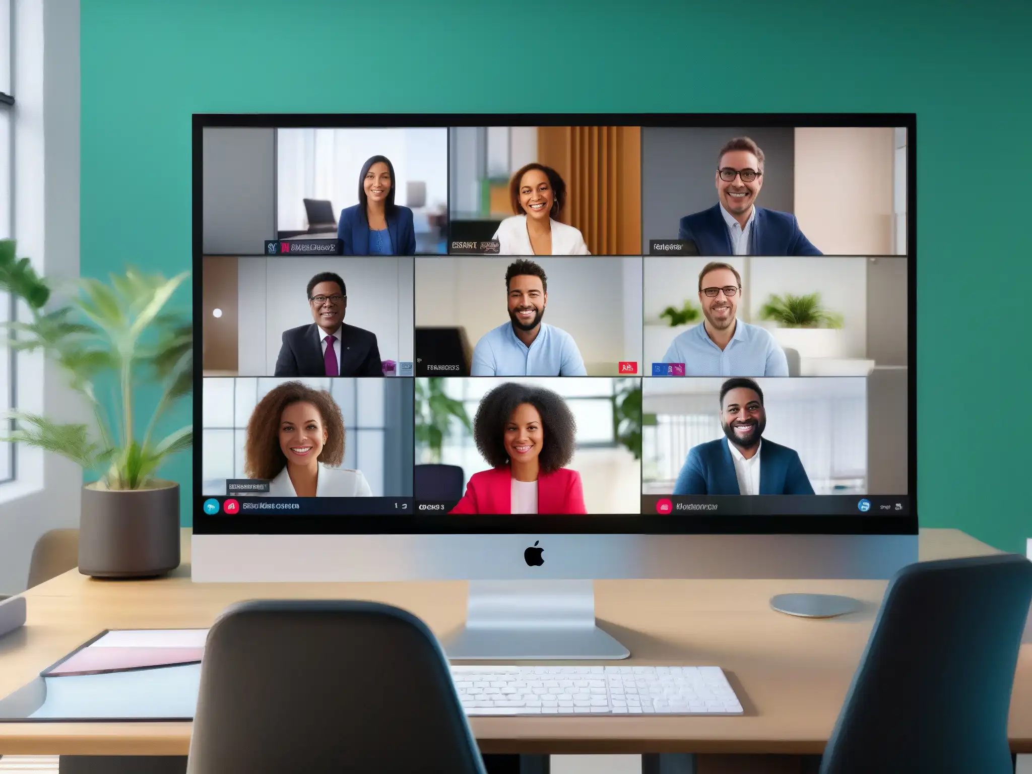 Videoconferencias profesionales en pantalla: Zoom, WebEx, Slack Tres pantallas de ordenador muestran videoconferencias en Zoom, WebEx y Slack con alta resolución y colores vívidos en un entorno de oficina moderno