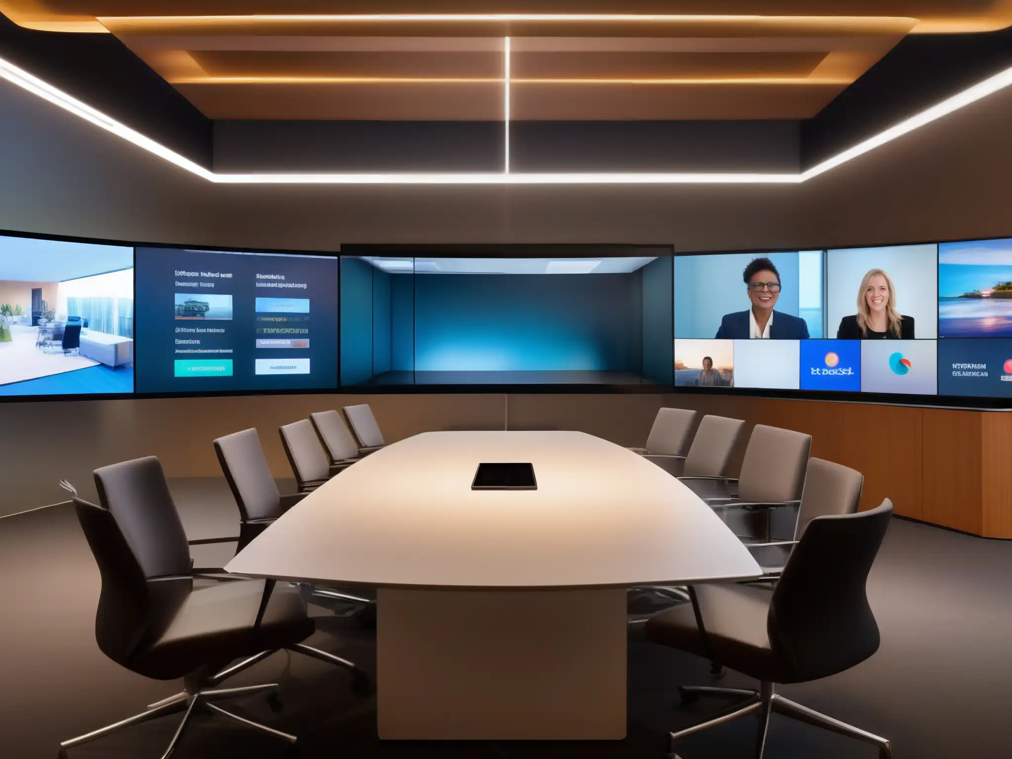 Comparación de calidad de video: Zoom, WebEx y Slack Tres pantallas de videoconferencia con alta resolución, rodeadas de dispositivos modernos