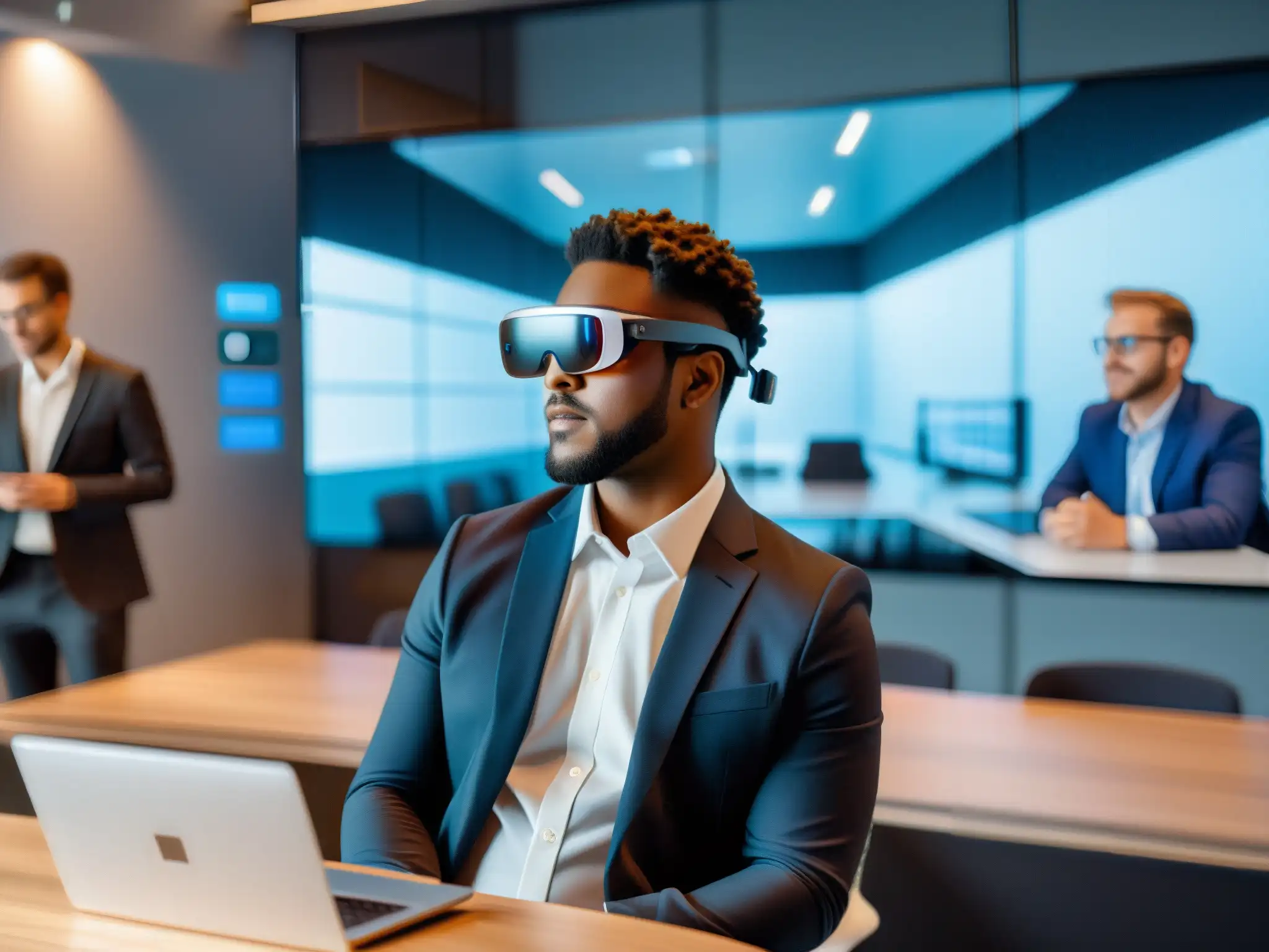 Conferencia de realidad aumentada: Futuro profesional y tecnológico Participante en videoconferencia con realidad aumentada en un entorno profesional y futurista con modelos 3D y datos visuales