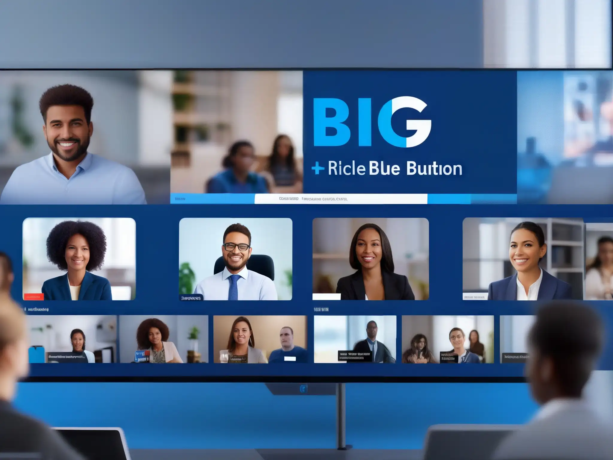 Conferencia virtual en BigBlueButton: aprendizaje colaborativo y seguridad Participantes en una conferencia virtual en BigBlueButton, destacando la seguridad y colaboración