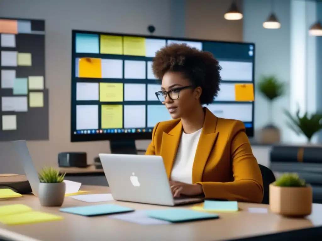 Desafíos del multitasking en videoconferencias Persona abrumada en videoconferencia, gestionando multitarea en moderna oficina