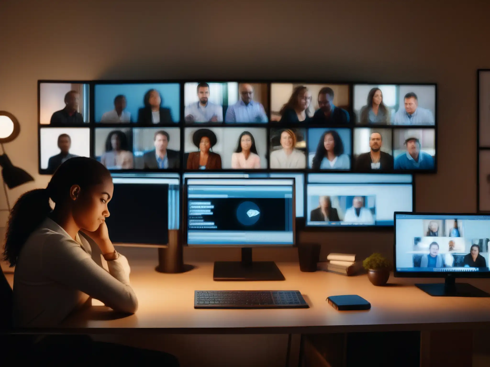 Agotamiento en la oficina en casa: lucha por desconectar Persona agotada en videoconferencias, reflejando los efectos psicológicos del trabajo remoto en un ambiente desorganizado y agobiante