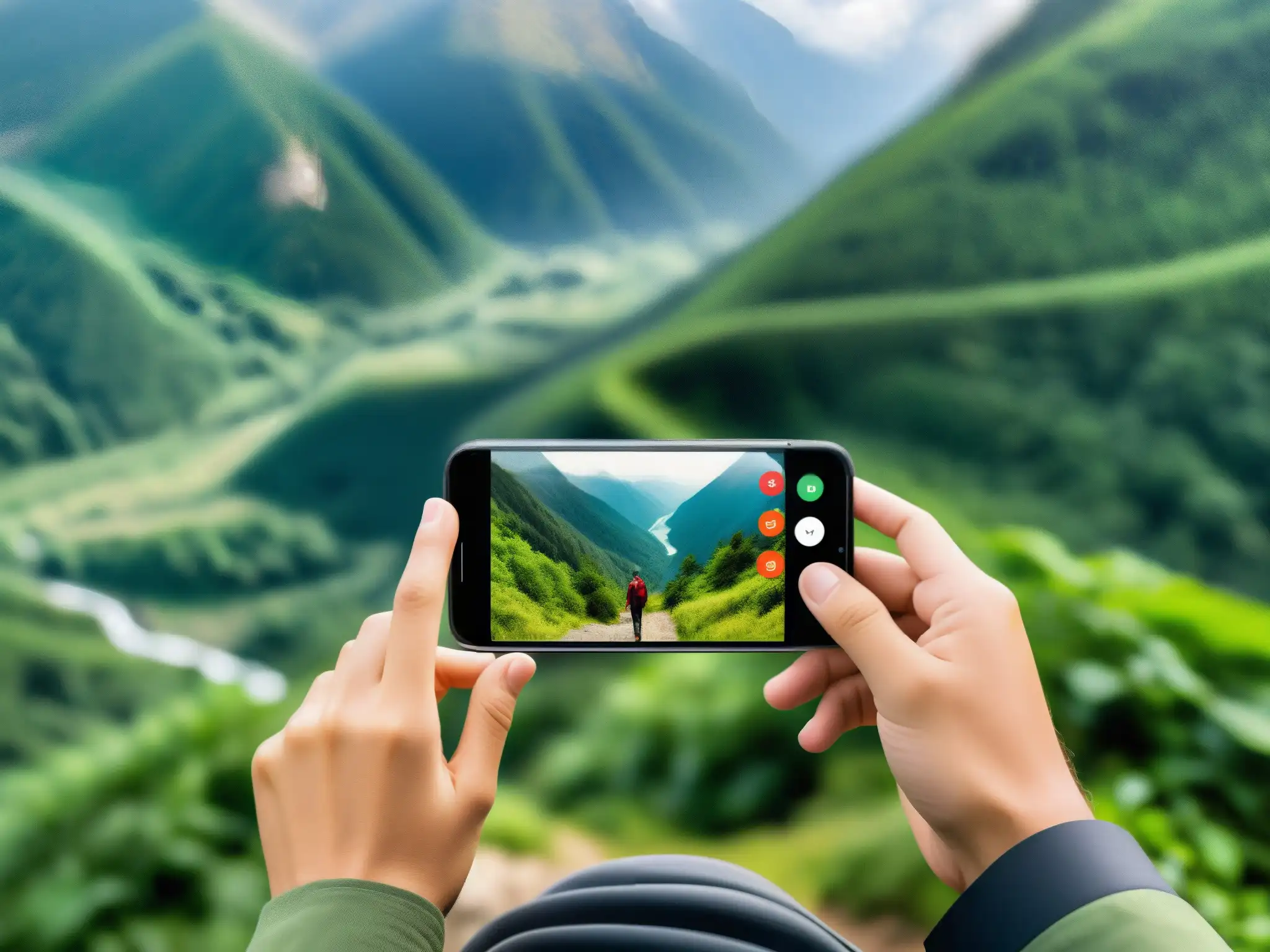 Video llamada estable en entorno remoto montañoso Persona usando app de videoconferencia móvil en montañas, muestra innovaciones en apps para videoconferencias móviles en entornos de baja conectividad