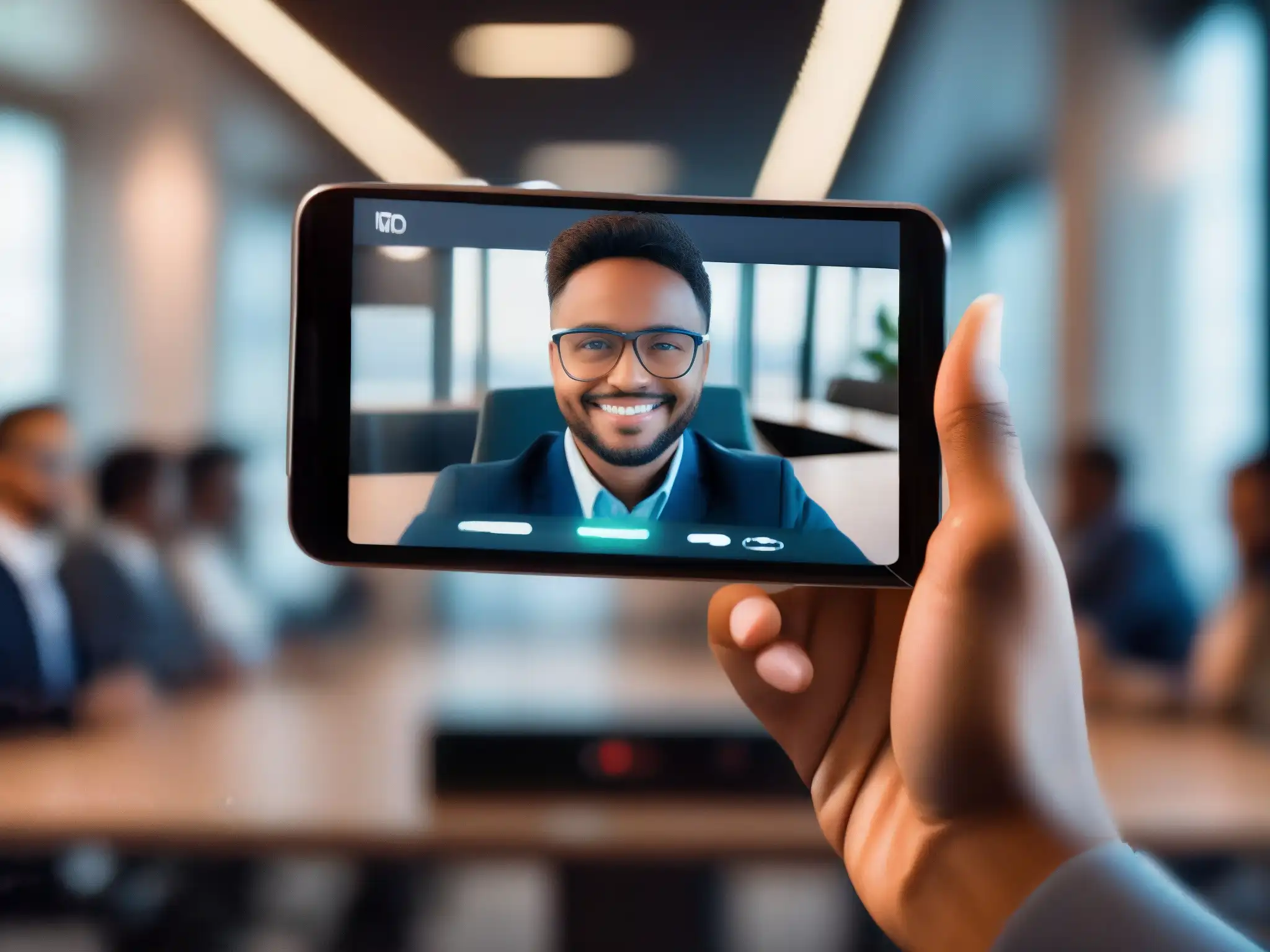 Autenticación segura en videoconferencia: Integración moderna Persona autenticando en app de videoconferencia, reflejo de seguridad en sus lentes, entorno profesional