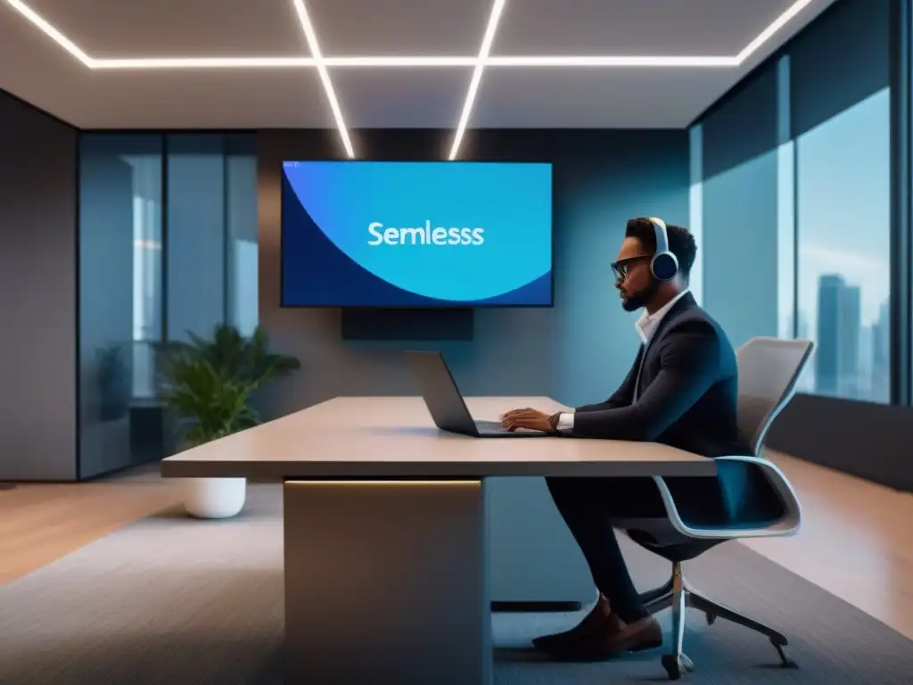 Conferencia virtual futurista con AR para privacidad Persona con AR glasses en videoconferencia segura con realidad aumentada