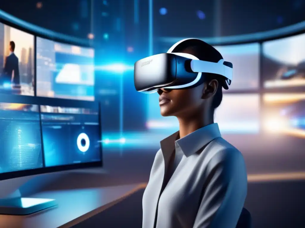 Realidad virtual y AI: Videoconferencia futurista Persona usando auriculares de realidad virtual en un entorno futurista con tecnología de Inteligencia Artificial en videoconferencias