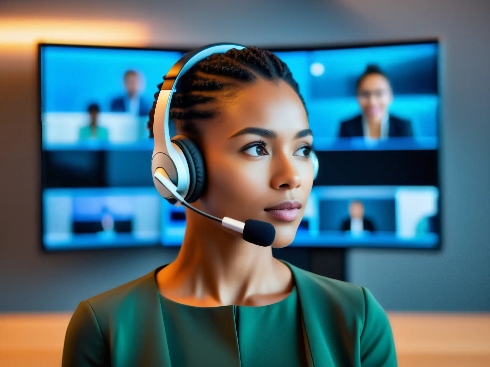 Persona usando auriculares de traducción en tiempo real en videoconferencias, ambiente de oficina futurista con tecnología de vanguardia