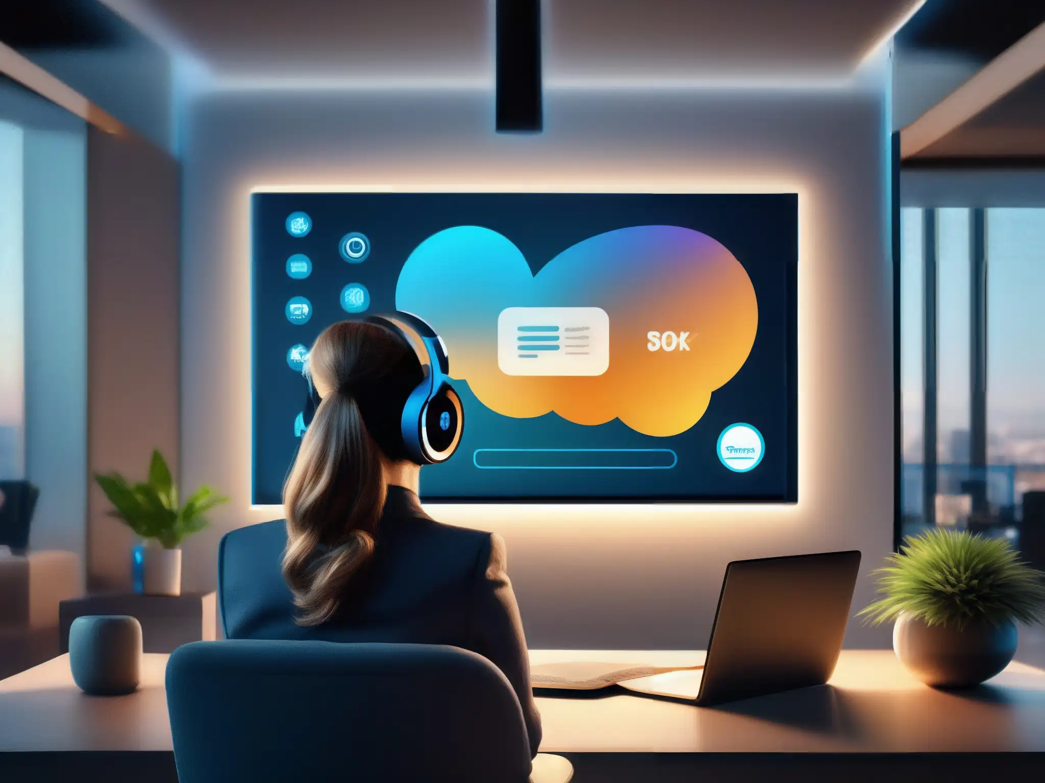 Conferencia virtual de alta calidad en moderno espacio de trabajo Persona con auriculares en videoconferencia de alta calidad de audio en moderno y bien iluminado espacio de trabajo
