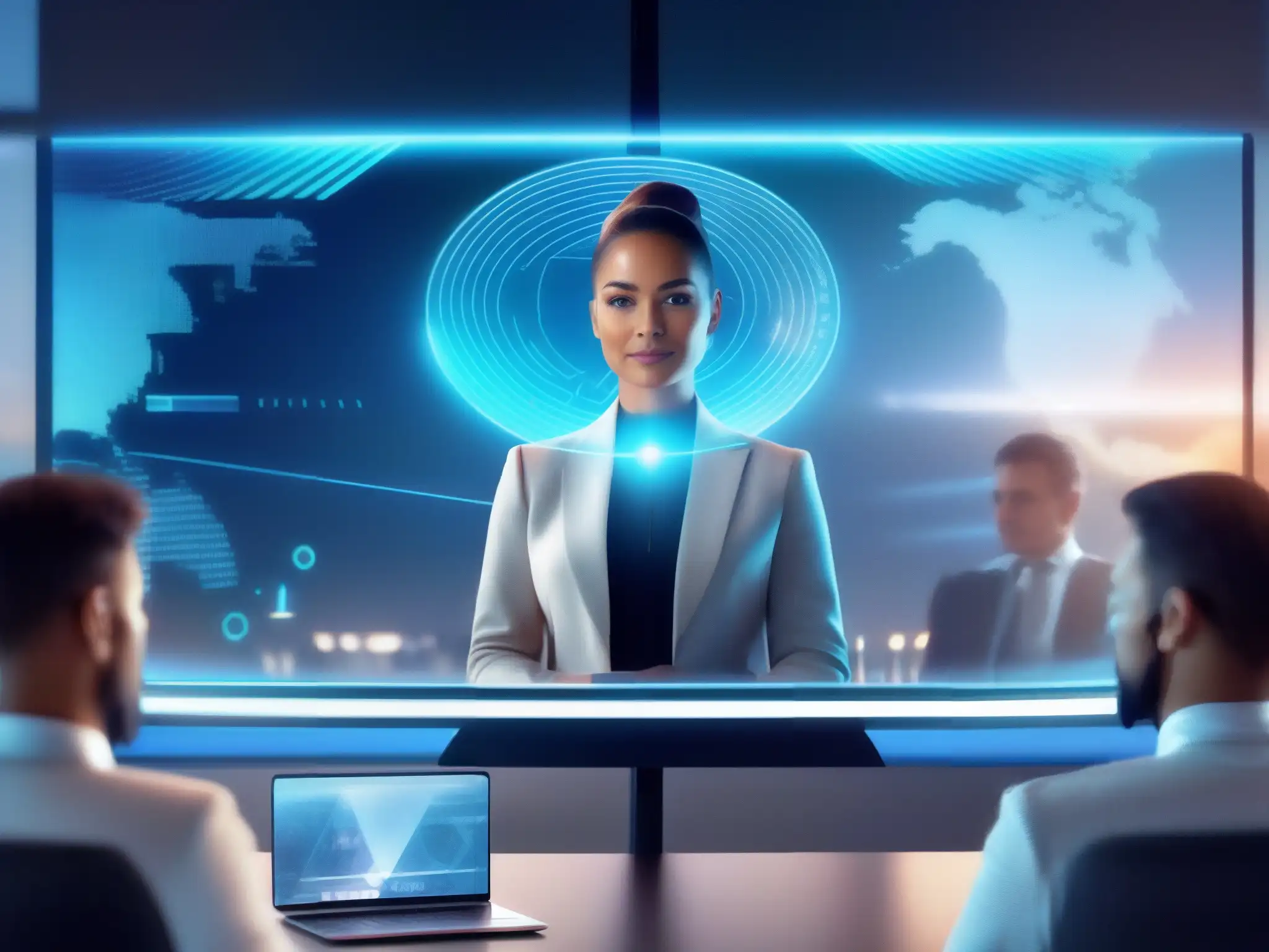 Autenticación facial y de huellas para conferencia segura Persona usando autenticación facial y huella digital en videoconferencia segura, con hologramas futuristas mostrando datos encriptados