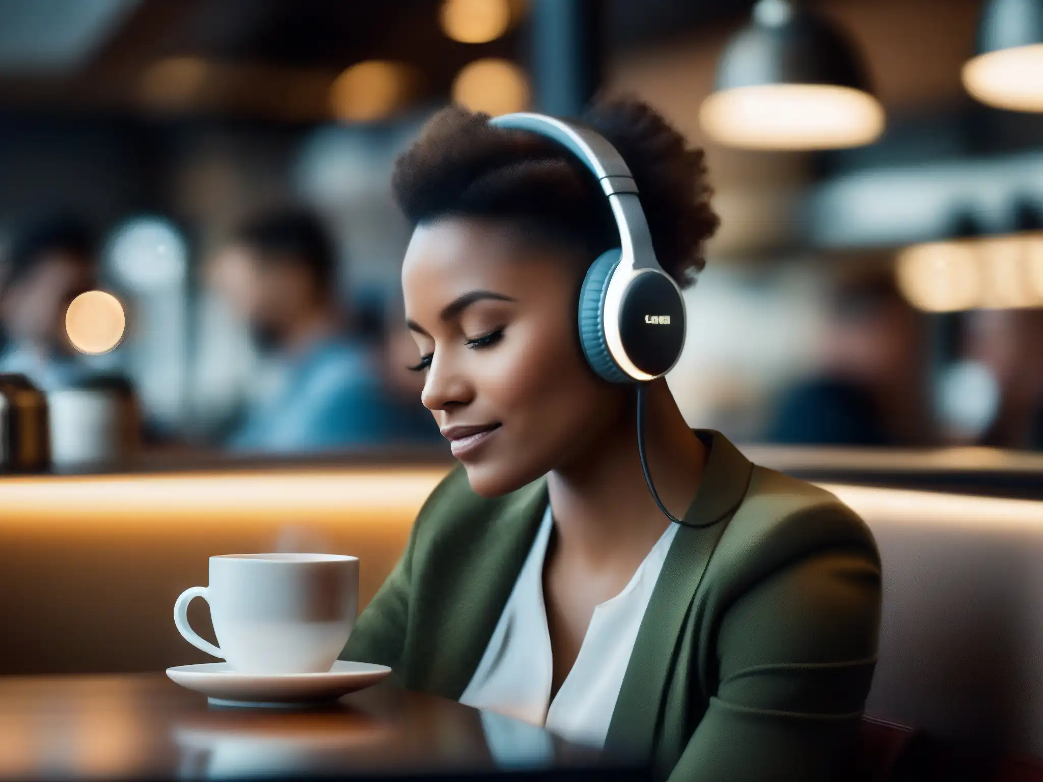 Auriculares con cancelación de ruido en café bullicioso Persona en café bullicioso con auriculares de cancelación de ruido, disfrutando café con calma