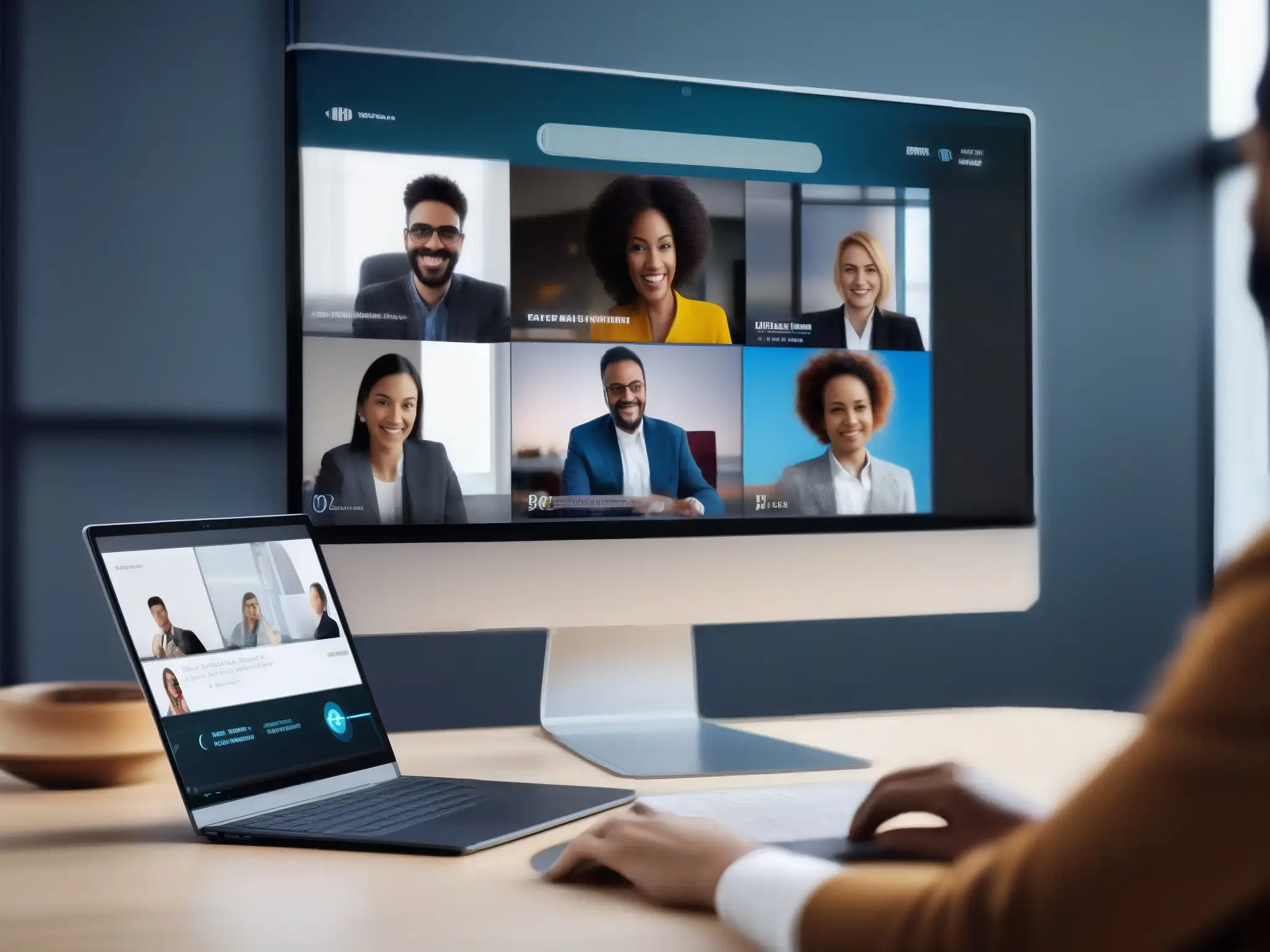 Optimización de videoconferencias para diferentes bandas Persona ajustando calidad de video en videoconferencias para diferentes anchos de banda, usando laptop, smartphone y tablet
