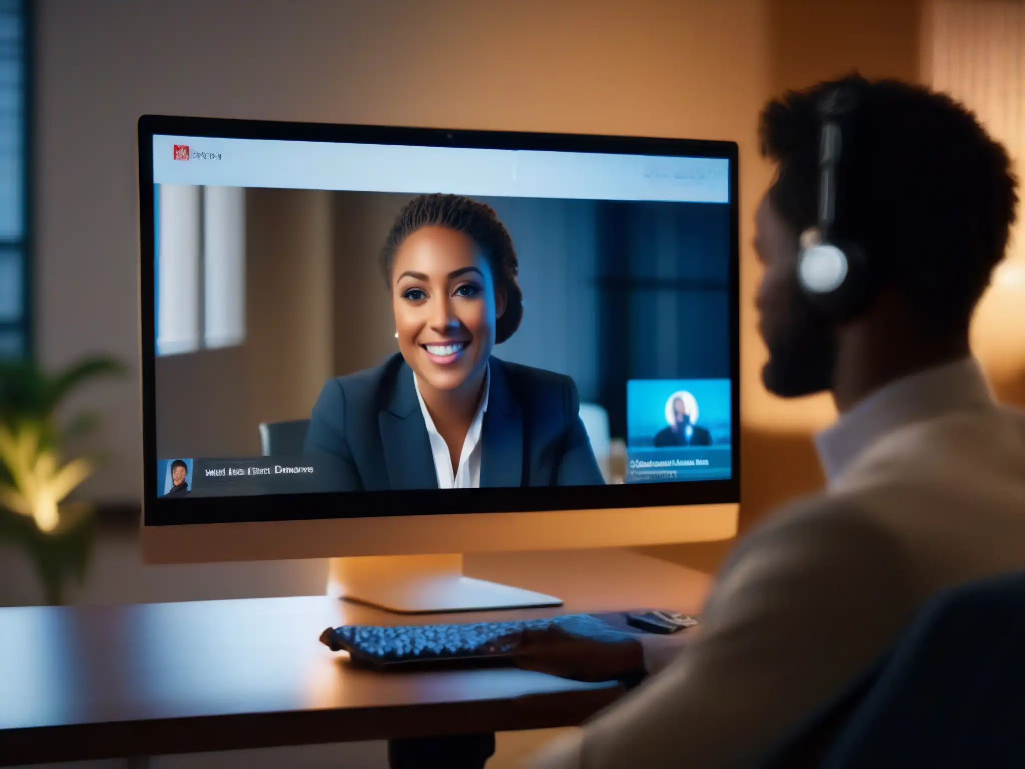 Optimizando la calidad del video en ambientes con poca luz Persona ajustando calidad de videoconferencia en entorno oscuro, iluminada por pantalla cálida