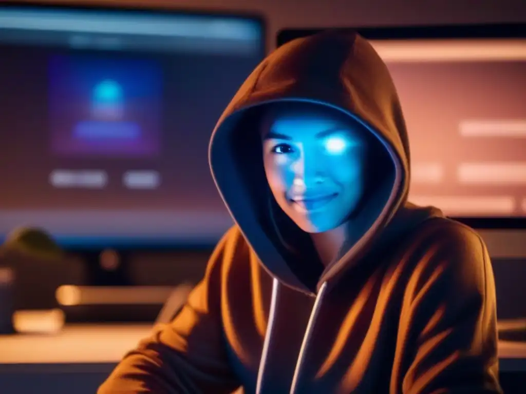 Privacidad digital: Persona con filtro de pantalla en video llamada Persona con capucha usando técnicas de anonimato en videoconferencias para privacidad
