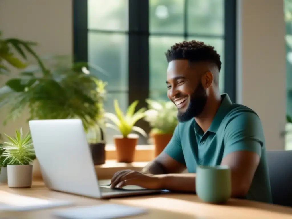 Trabajo desde casa: Productividad y equilibrio en un entorno moderno Persona trabajando desde casa, con agenda y laptop, en videoconferencia con fondo virtual relajante