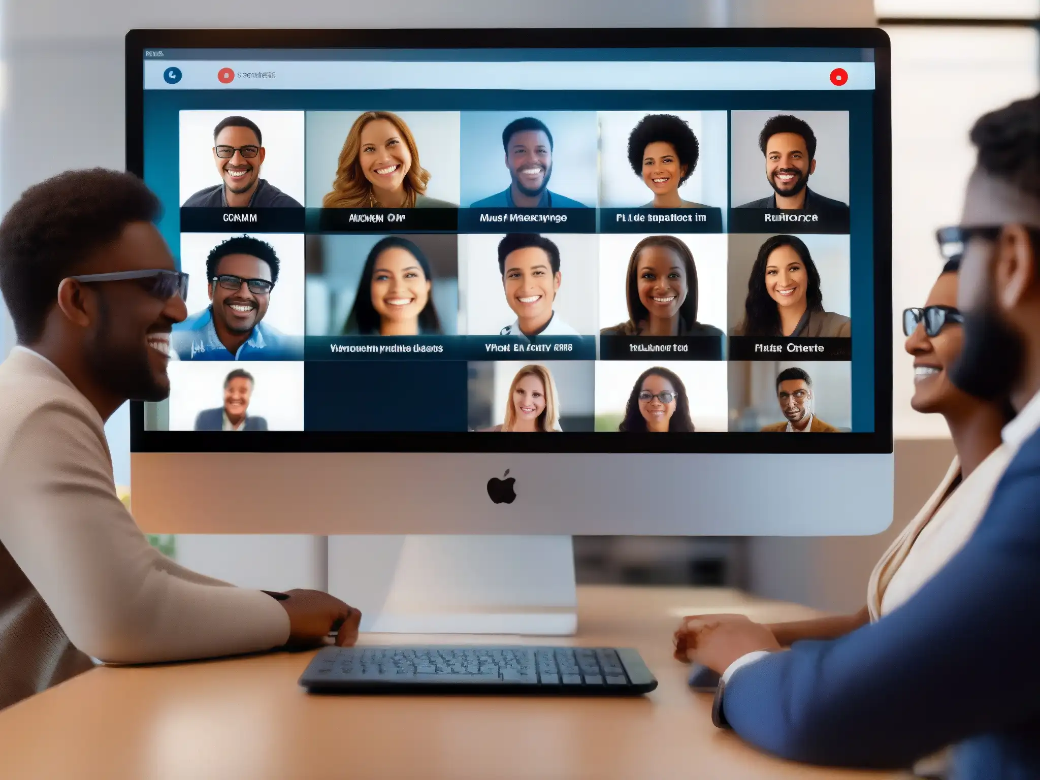 Acceso inclusivo: persona ciega disfruta de videoconferencia accesible Una persona ciega sonríe mientras usa un lector de pantalla en una videoconferencia