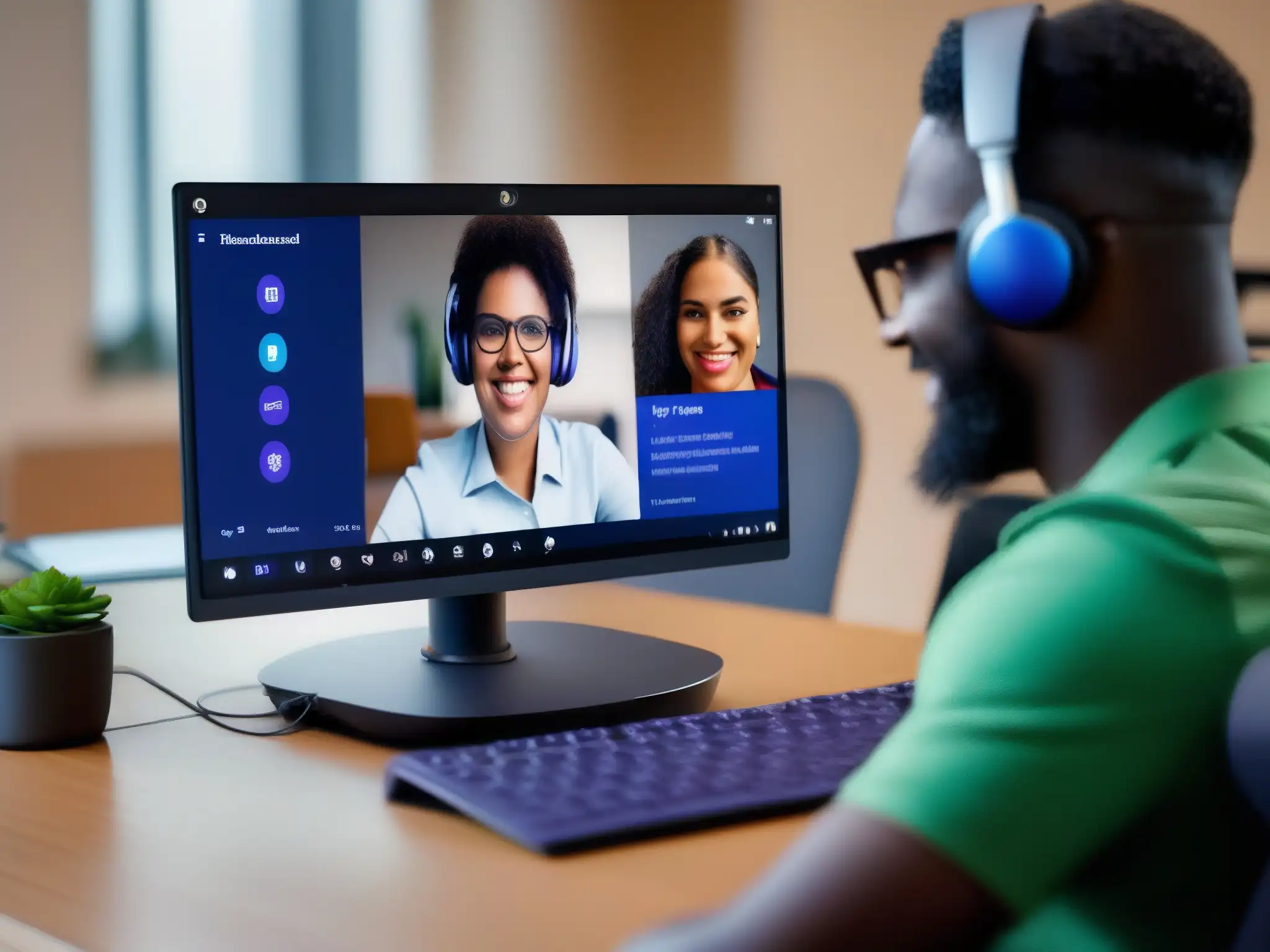 Participación inclusiva en videoconferencia de Microsoft Teams Una persona ciega participa en una videoconferencia de Microsoft Teams con un lector de pantalla y funciones de accesibilidad