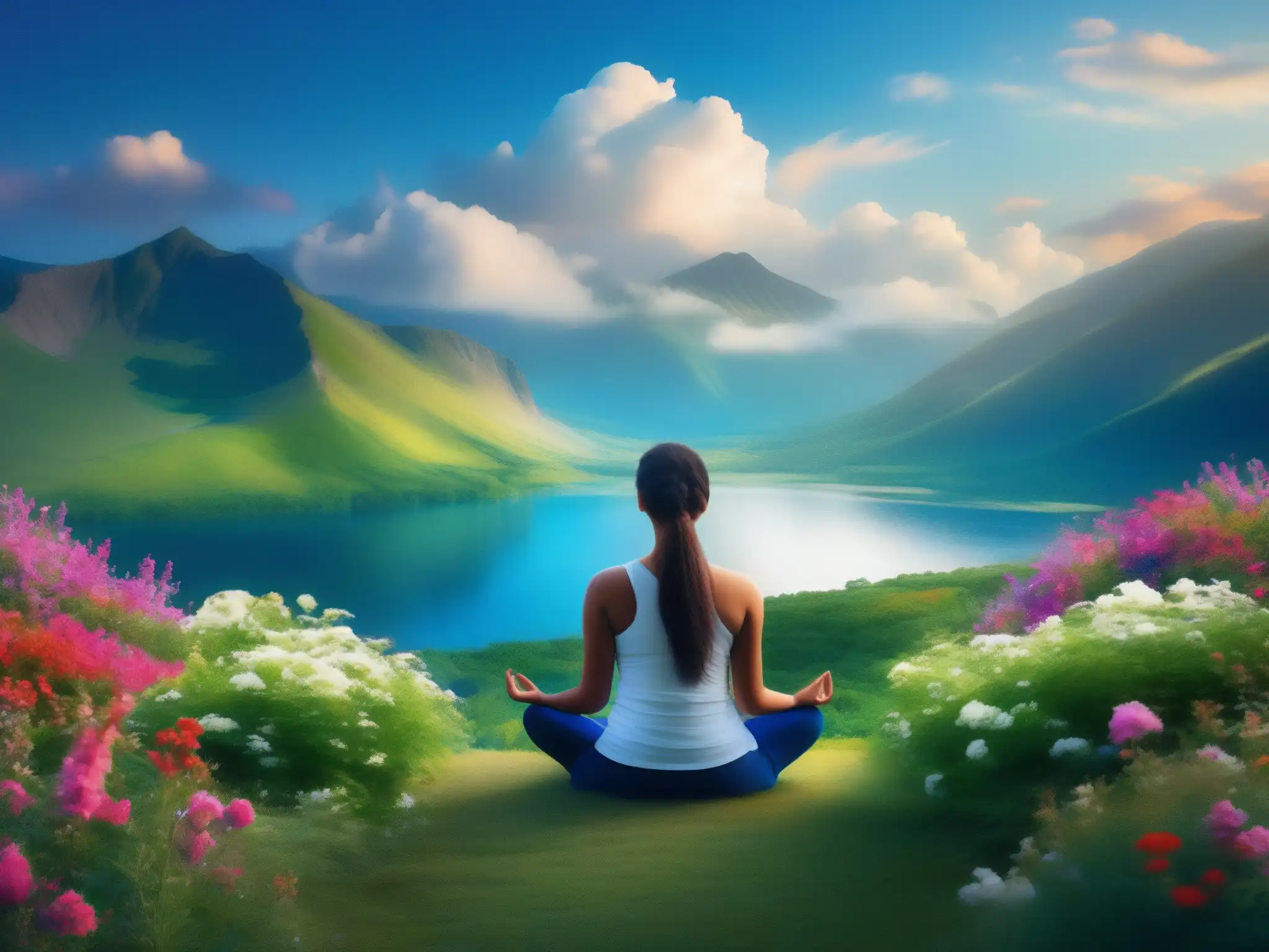 Mediación en la cima: paz y serenidad en la naturaleza Persona meditando en la cima de la montaña, rodeada de naturaleza exuberante y un lago tranquilo