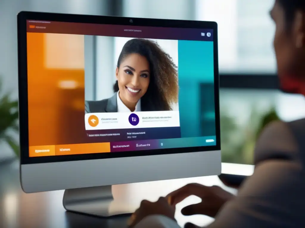Ajuste de color en videoconferencia: Expresión en pantalla Persona ajustando colores en interfaz de videoconferencia, transmitiendo profesionalismo y las mejores prácticas de visibilidad en videoconferencia