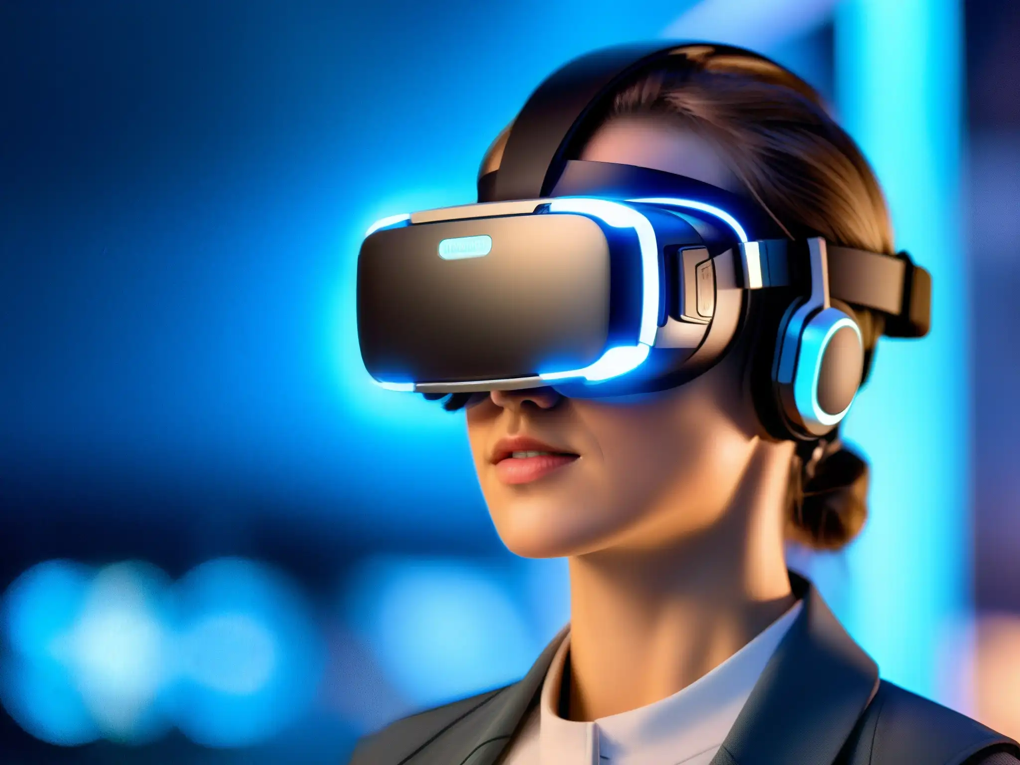 Inmersión virtual en ciudad futurista con auriculares de realidad virtual Persona concentrada usando un casco de realidad virtual futurista con brillo azul, en un entorno digital de alta tecnología y anonimato
