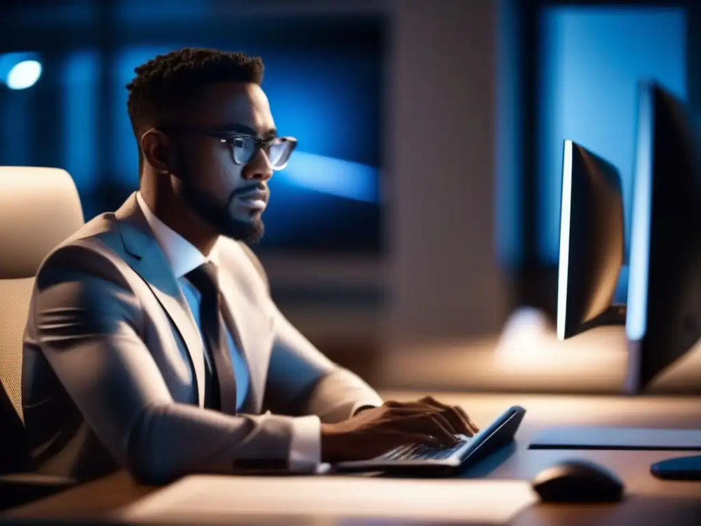 Concentración total en el trabajo: persona enfocada frente a la computadora Persona concentrada en escritorio, frente a computadora