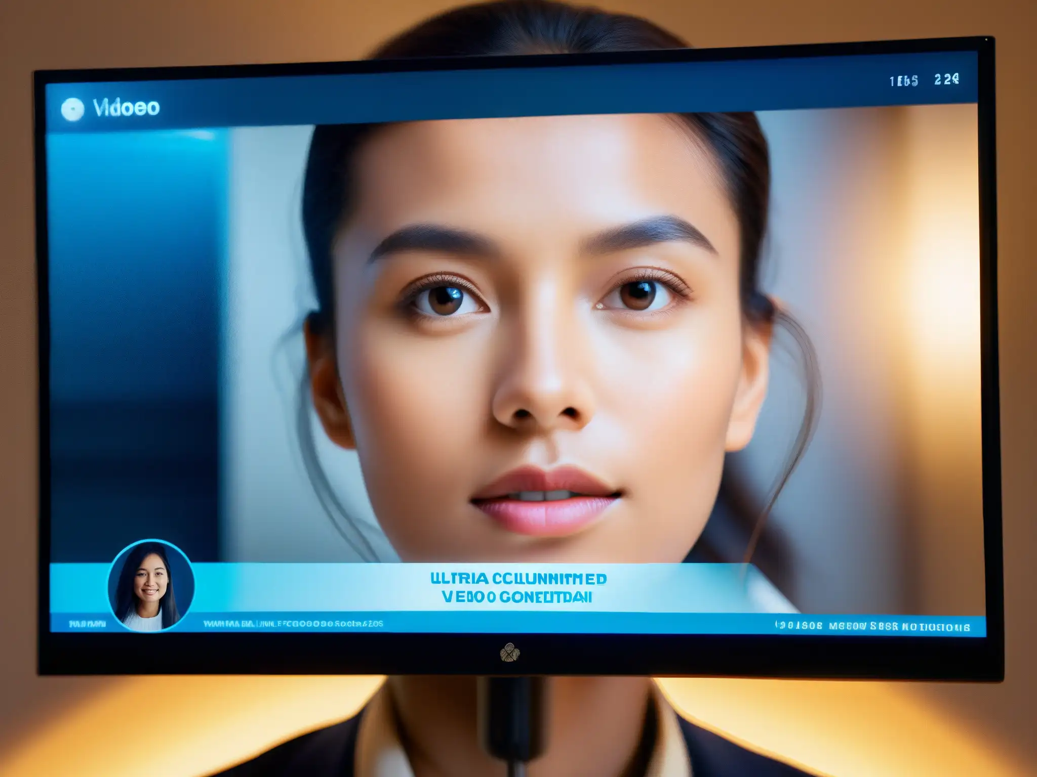 Concentración en videoconferencia: experiencia única Persona concentrada interactuando con una interfaz de videoconferencia personalizada, iluminada por la pantalla