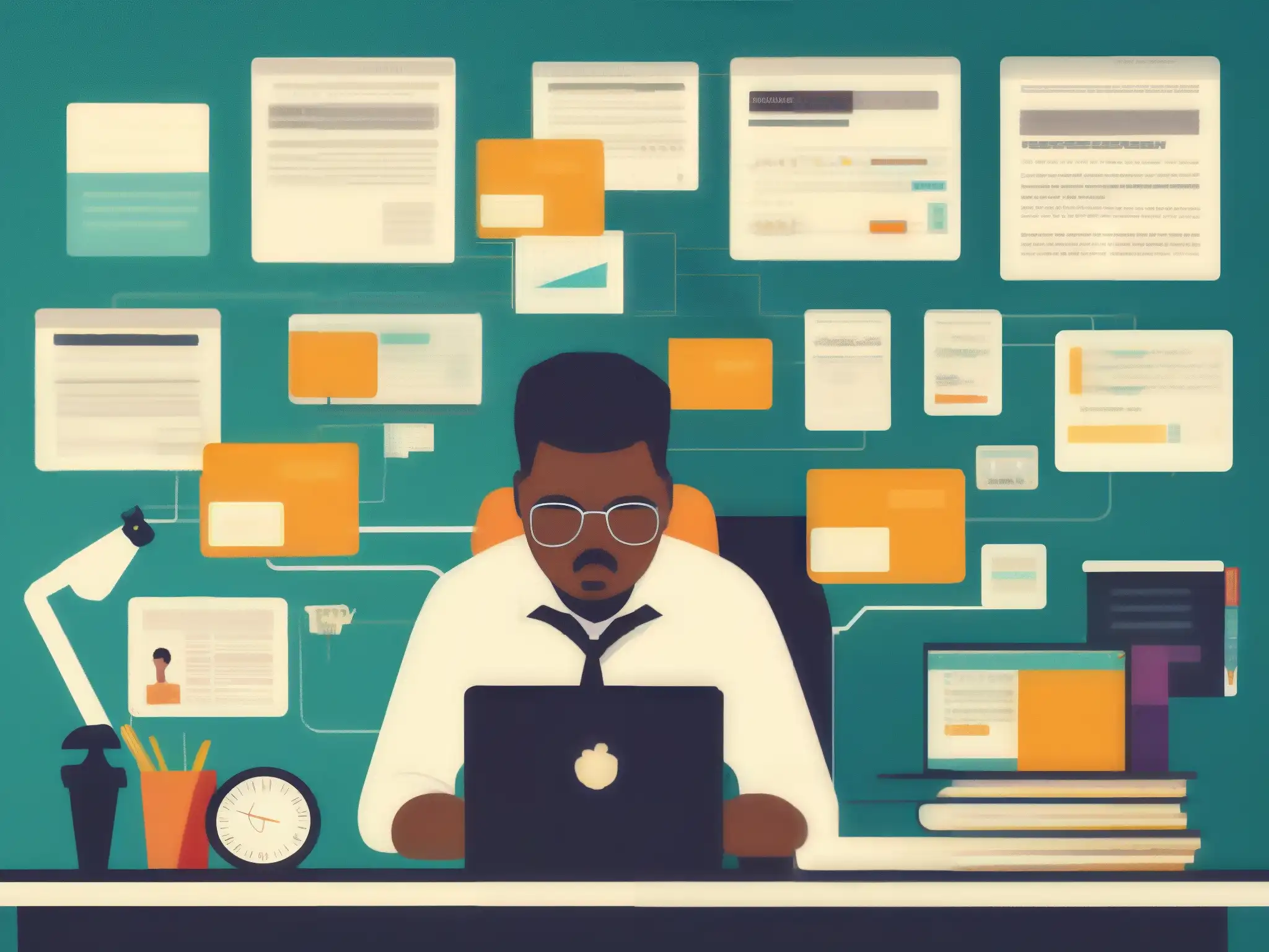 Desafíos del multitasking: Concentración intensa y estrés en la era digital Persona concentrada en el multitasking frente a múltiples pantallas, reflejando la productividad en videoconferencias