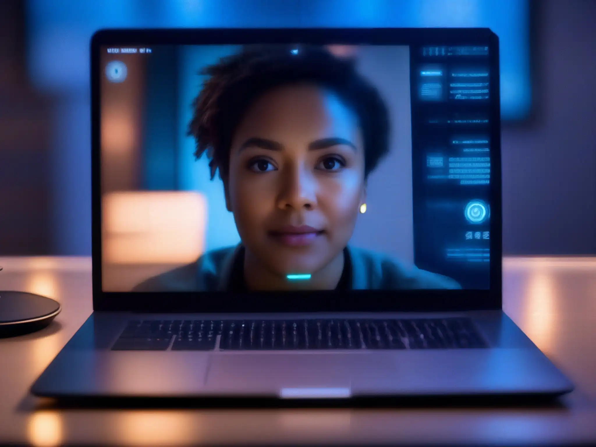 Expresión de preocupación y concentración en videoconferencia: impacto de la seguridad y privacidad Persona concentrada y preocupada en videoconferencia, resaltando la importancia de la seguridad y privacidad en videoconferencias