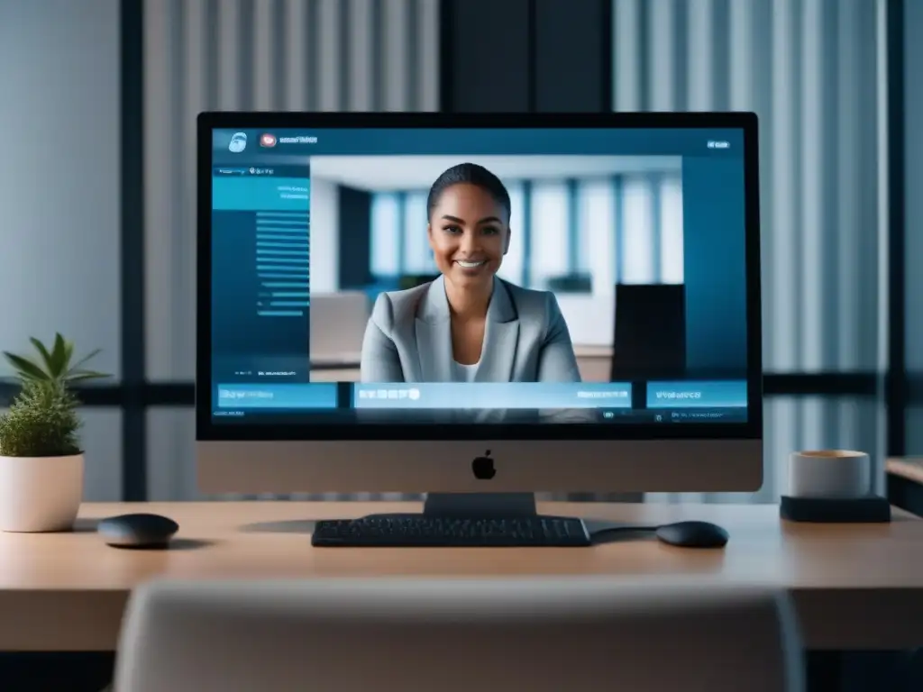 Profesional en videoconferencia: concentración y calma en ambiente moderno Persona concentrada en videoconferencia, ambiente sereno con seguridad y privacidad en videoconferencias