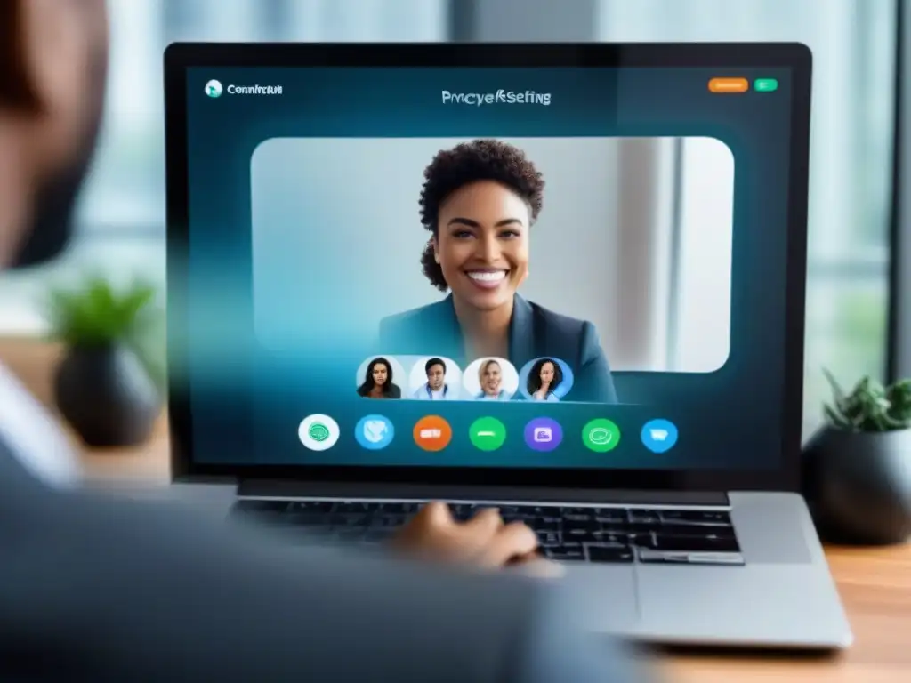 Ajuste de privacidad en app de videoconferencia Persona ajustando configuración de privacidad en app de videoconferencia, con énfasis en seguridad y privacidad