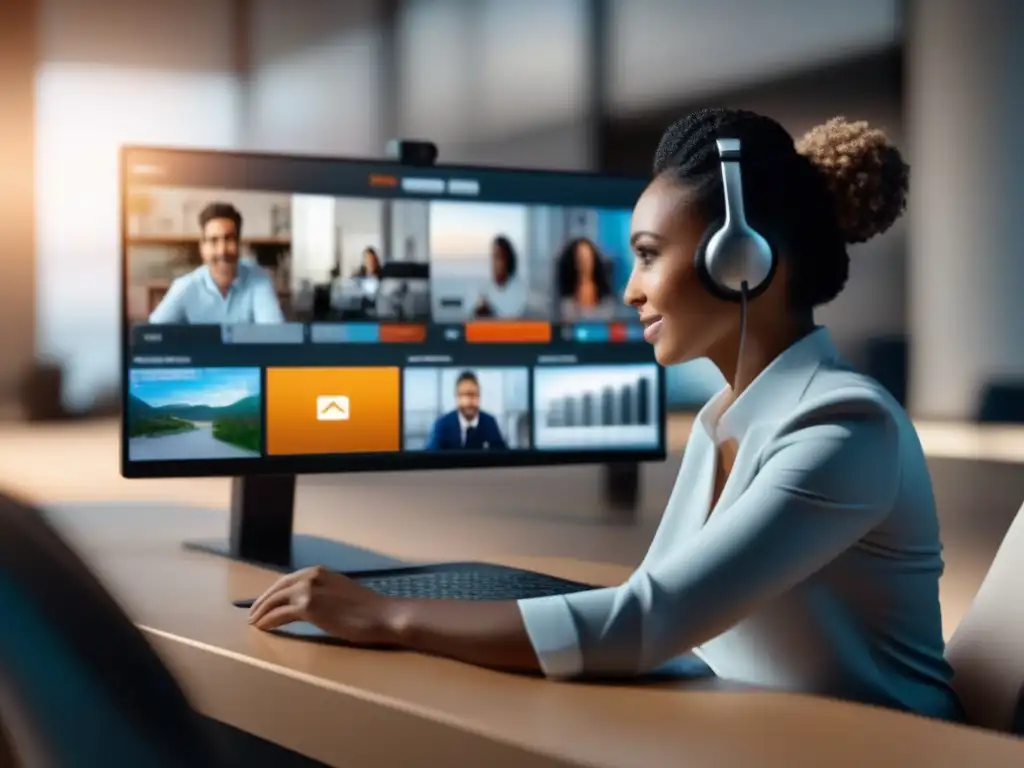 Configuración profesional de videoconferencia en 8k Una persona ajusta la configuración de video y audio en una interfaz de videoconferencia, con determinación por mejorar la calidad de la transmisión