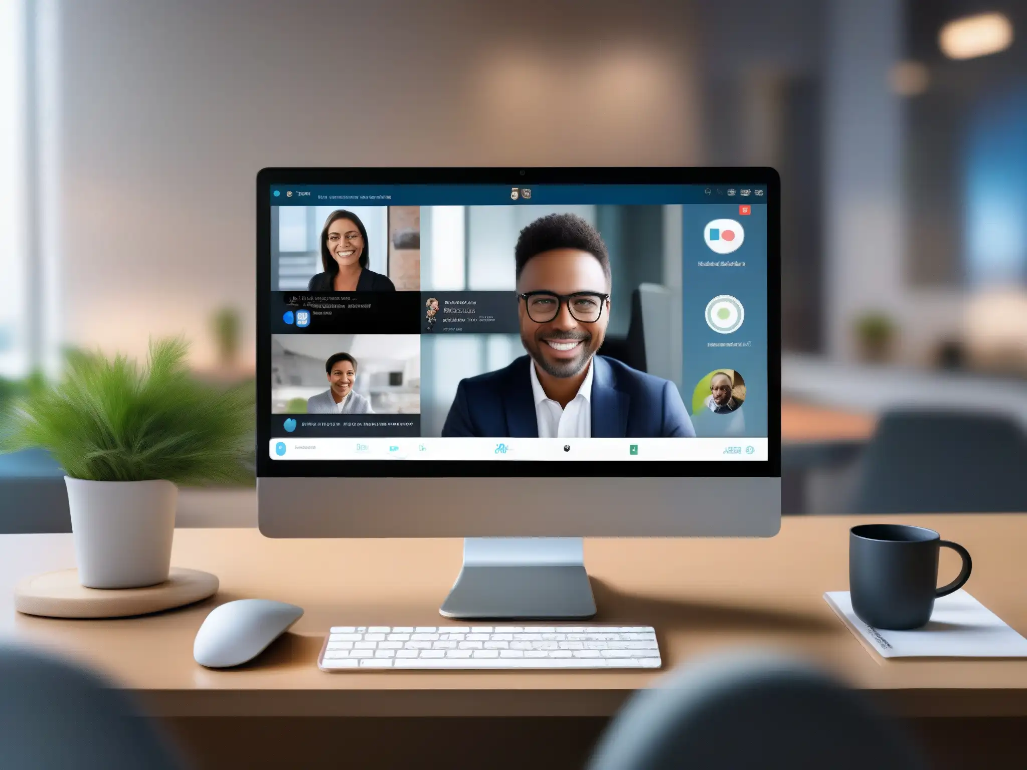 Videoconferencia profesional y compartiendo en redes Persona compartiendo contenido de videoconferencias en redes desde un espacio de trabajo moderno y profesional