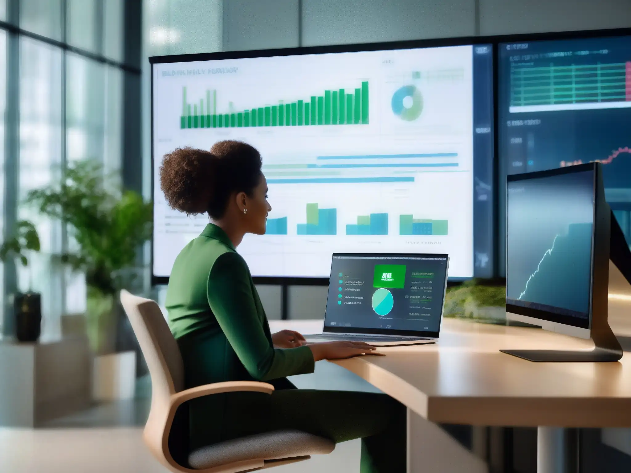 Videoconferencia profesional con análisis de datos Persona aprovechando datos en videoconferencias en un entorno profesional y acogedor, con gráficos en pantalla
