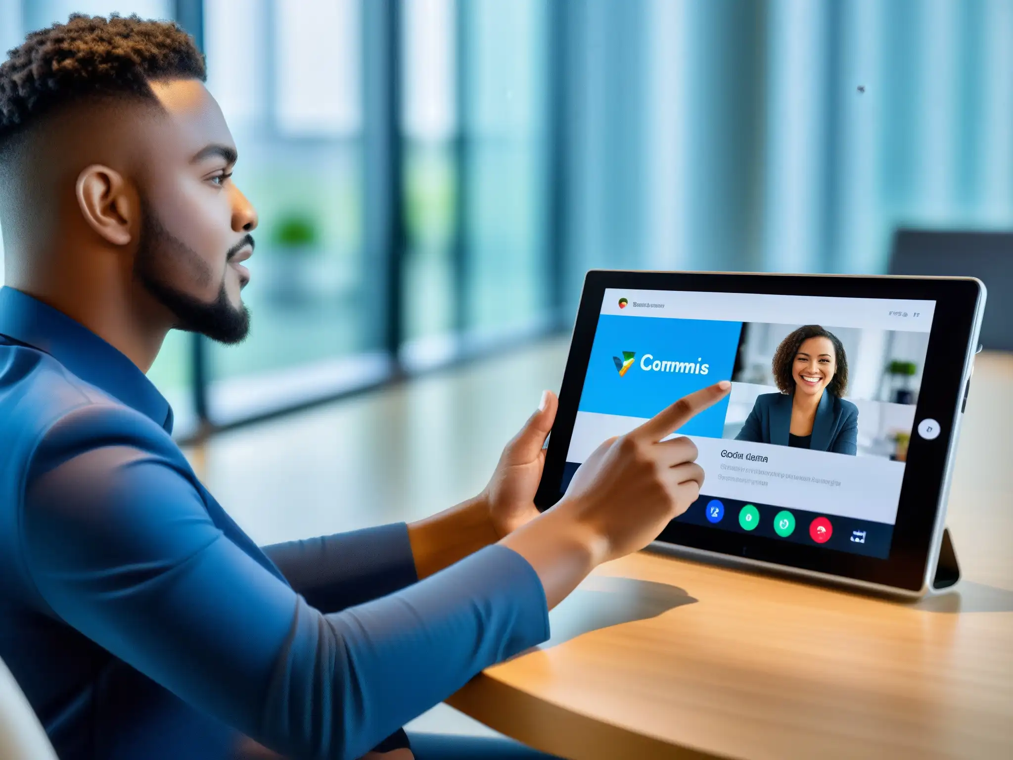 Control de videoconferencia por voz para discapacitados Persona con discapacidad motora usando comandos de voz en videoconferencias en una tablet moderna en un ambiente profesional e inclusivo