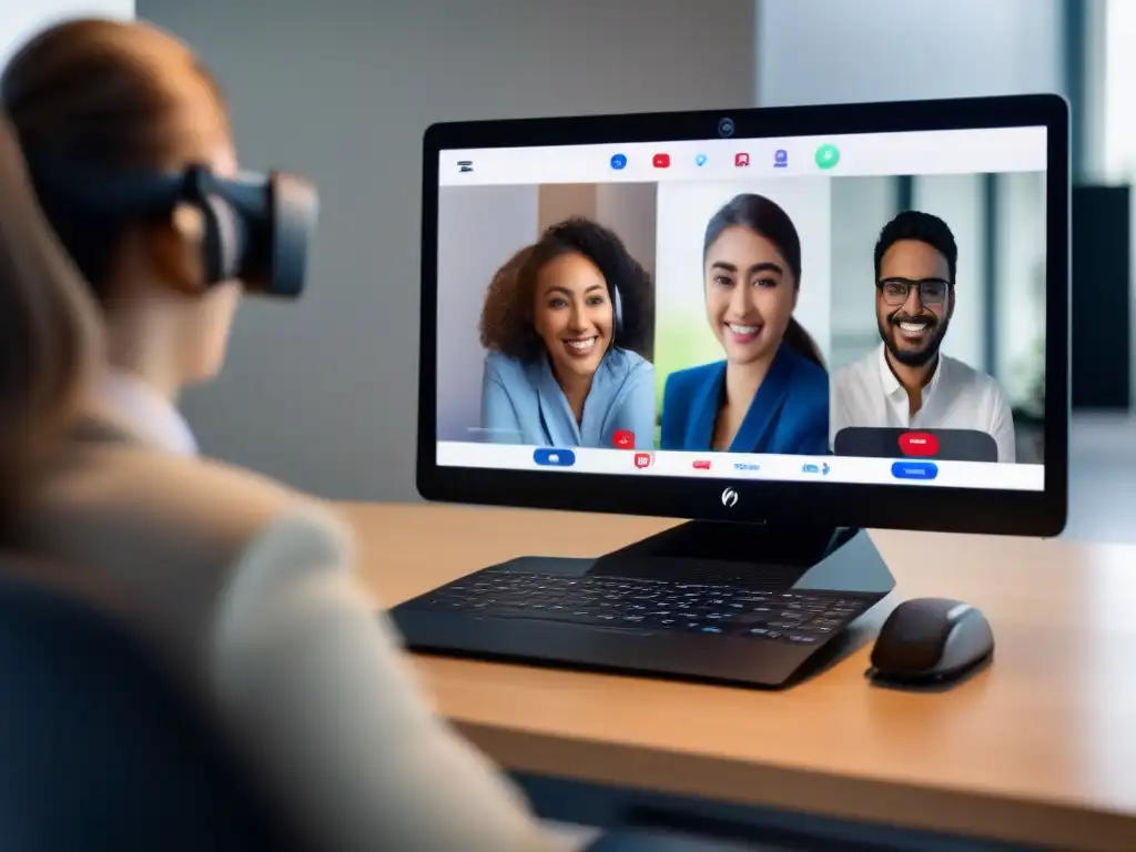 Control de videoconferencia accesible para discapacidad motora Persona con discapacidad motriz usando dispositivo especializado para controlar videoconferencias, con enfoque en manos operando la tecnología con precisión y facilidad, mejorando experiencia usuario videoconferencias discapacidades