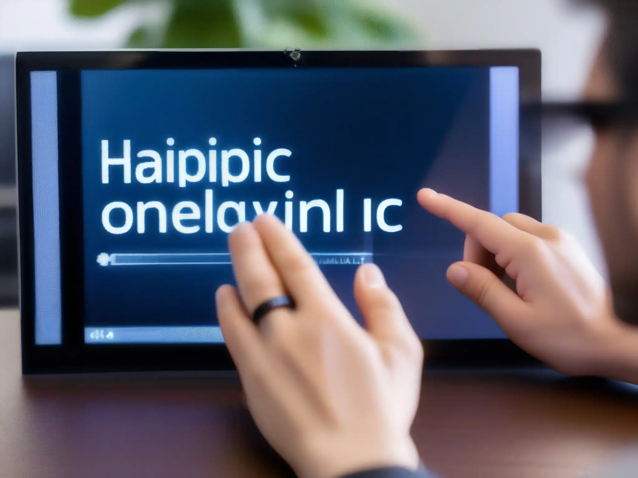 Dispositivo háptico para conferencias virtuales Persona con discapacidad visual usando dispositivo de retroalimentación táctil en videoconferencias, mostrando concentración y accesibilidad